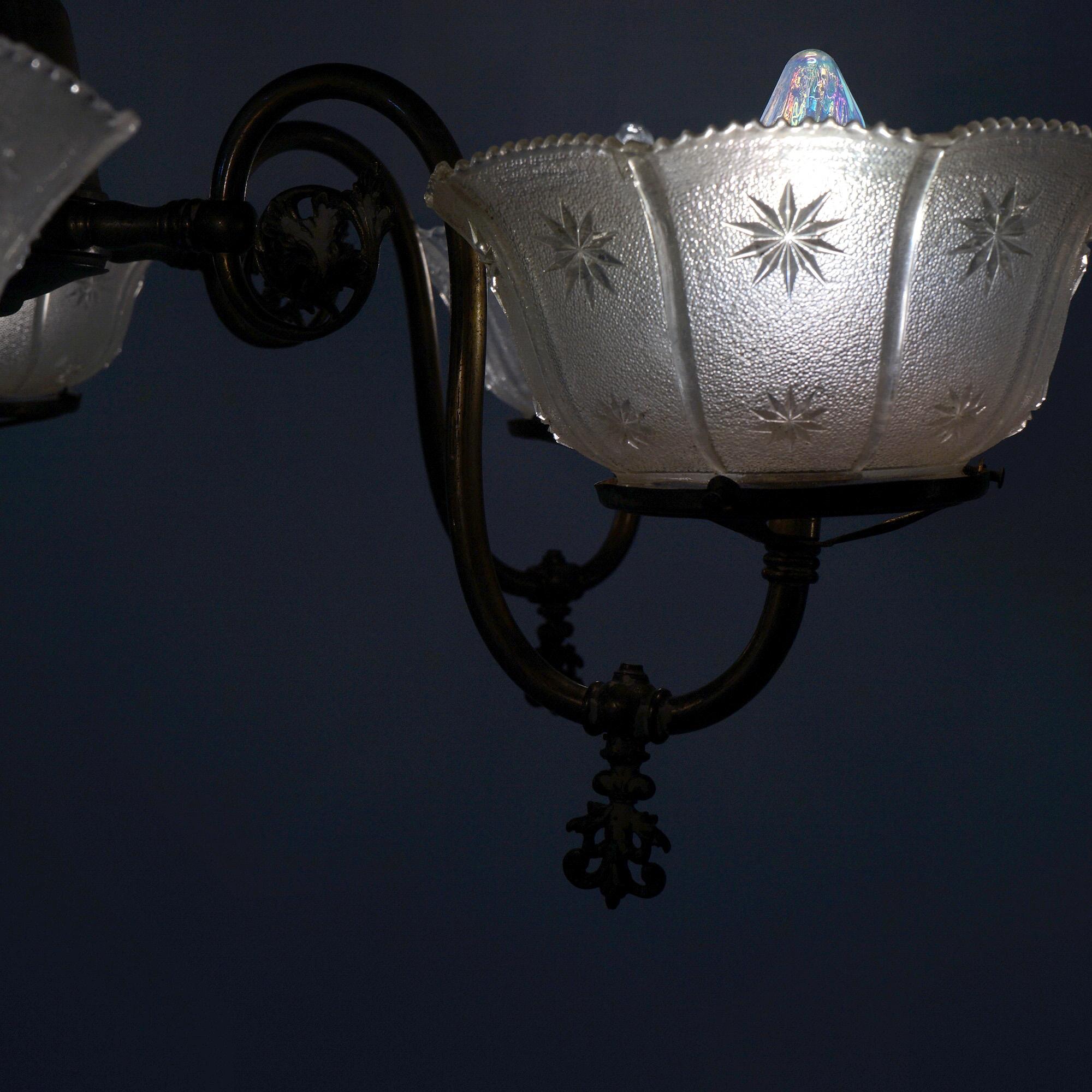 Antique Six Arm Brass Gas Chandelier with Glass Shades, Electrified, Circa 1890 1