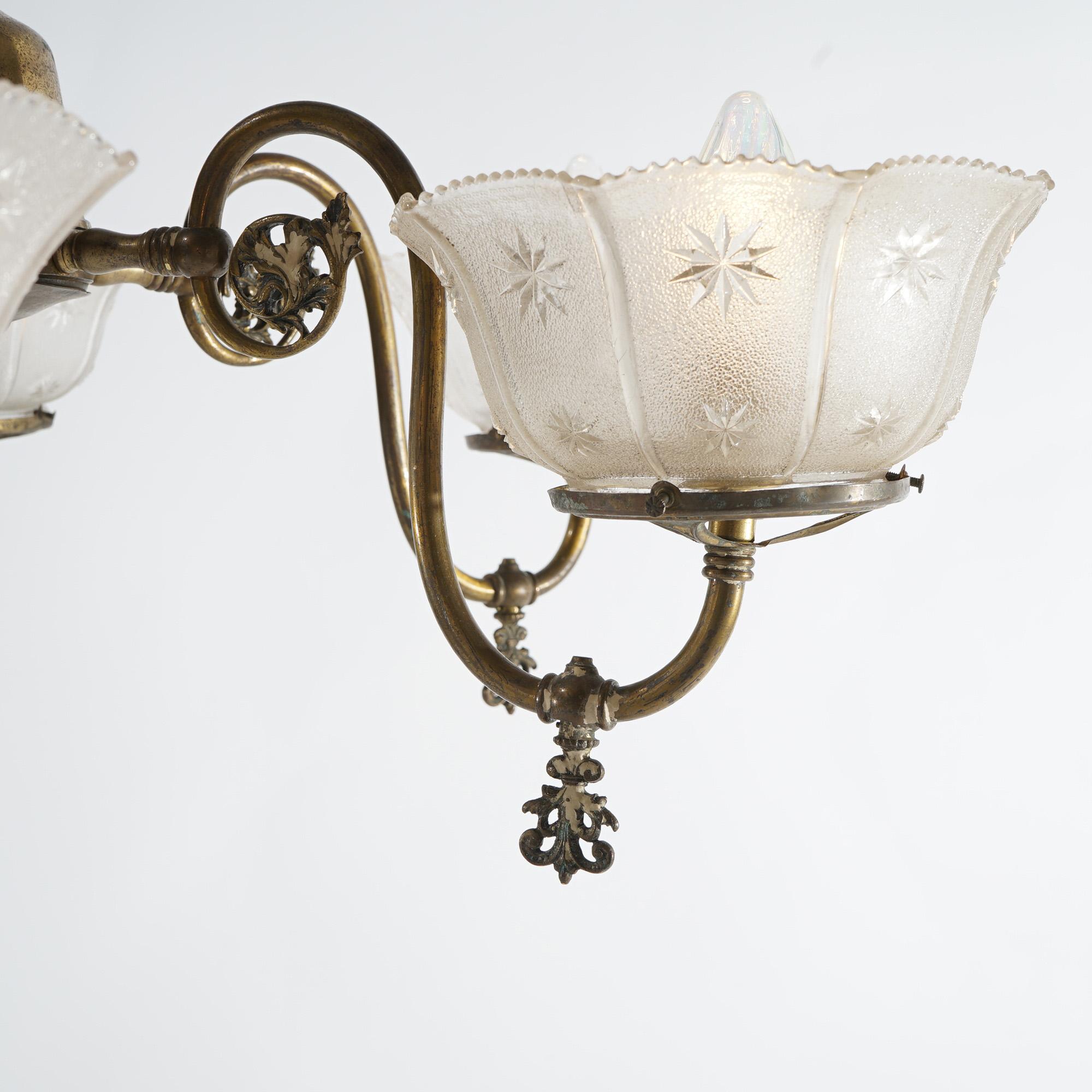 Antique Six Arm Brass Gas Chandelier with Glass Shades, Electrified, Circa 1890 2