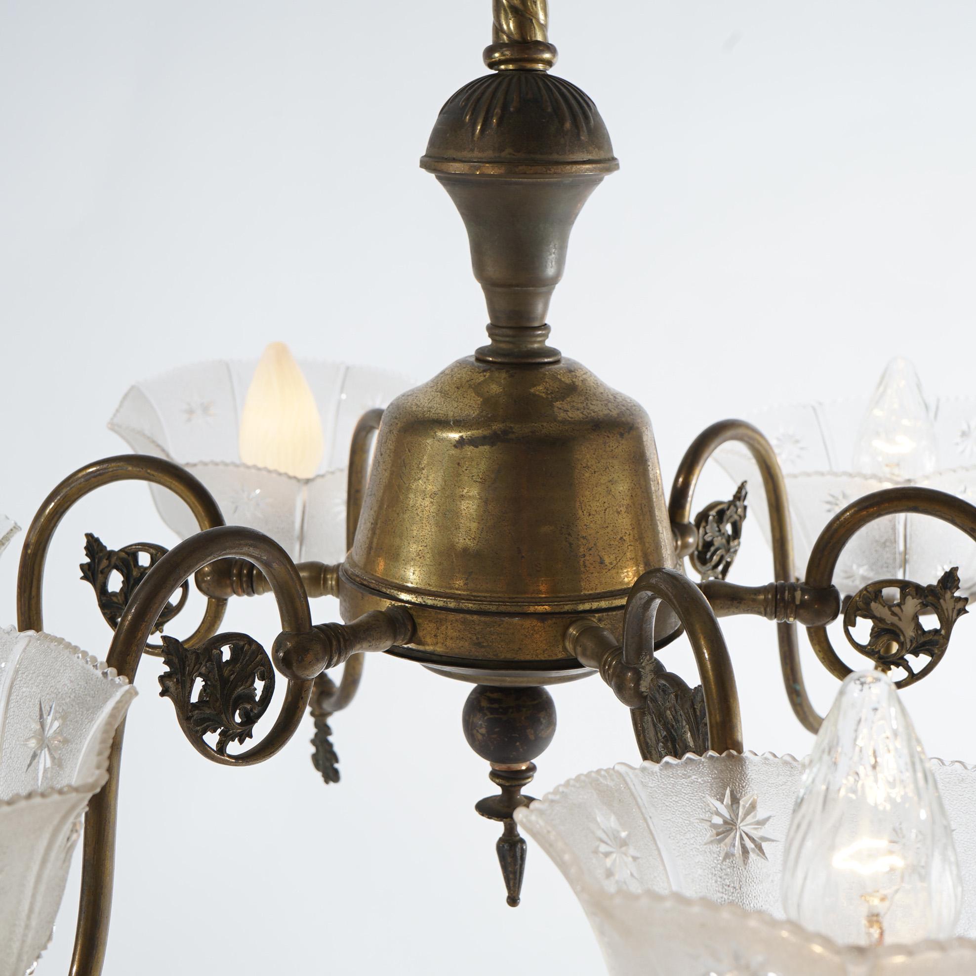 Antique Six Arm Brass Gas Chandelier with Glass Shades, Electrified, Circa 1890 3