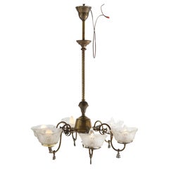 Antique Six Arm Brass Gas Chandelier with Glass Shades, Electrified, Circa 1890
