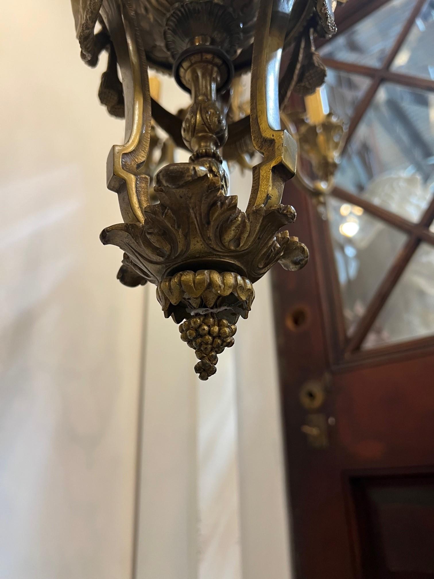 Antique Six Arm Bronze French Louis XV Style Chandelier with Center Glass Globe  For Sale 8