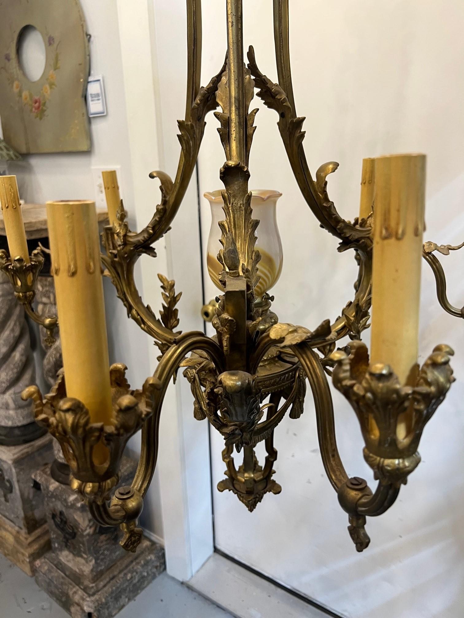 Antique Six Arm Bronze French Louis XV Style Chandelier with Center Glass Globe  For Sale 12