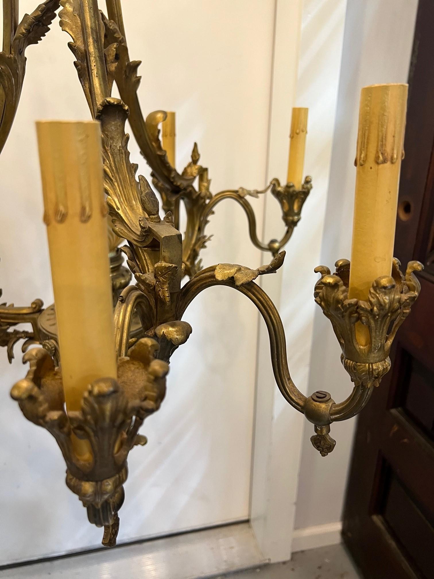 Antique Six Arm Bronze French Louis XV Style Chandelier with Center Glass Globe  In Good Condition For Sale In Stamford, CT