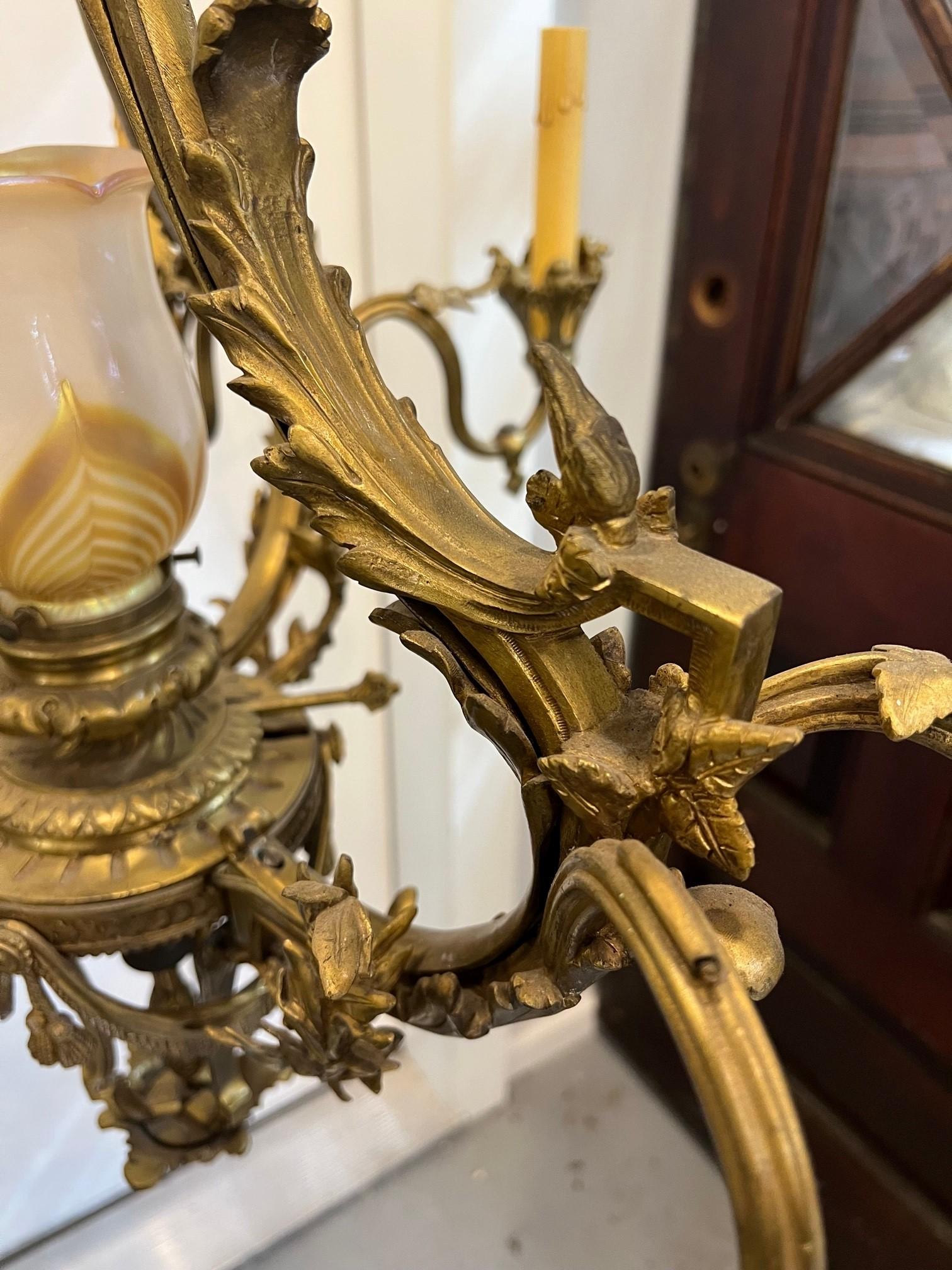 19th Century Antique Six Arm Bronze French Louis XV Style Chandelier with Center Glass Globe  For Sale