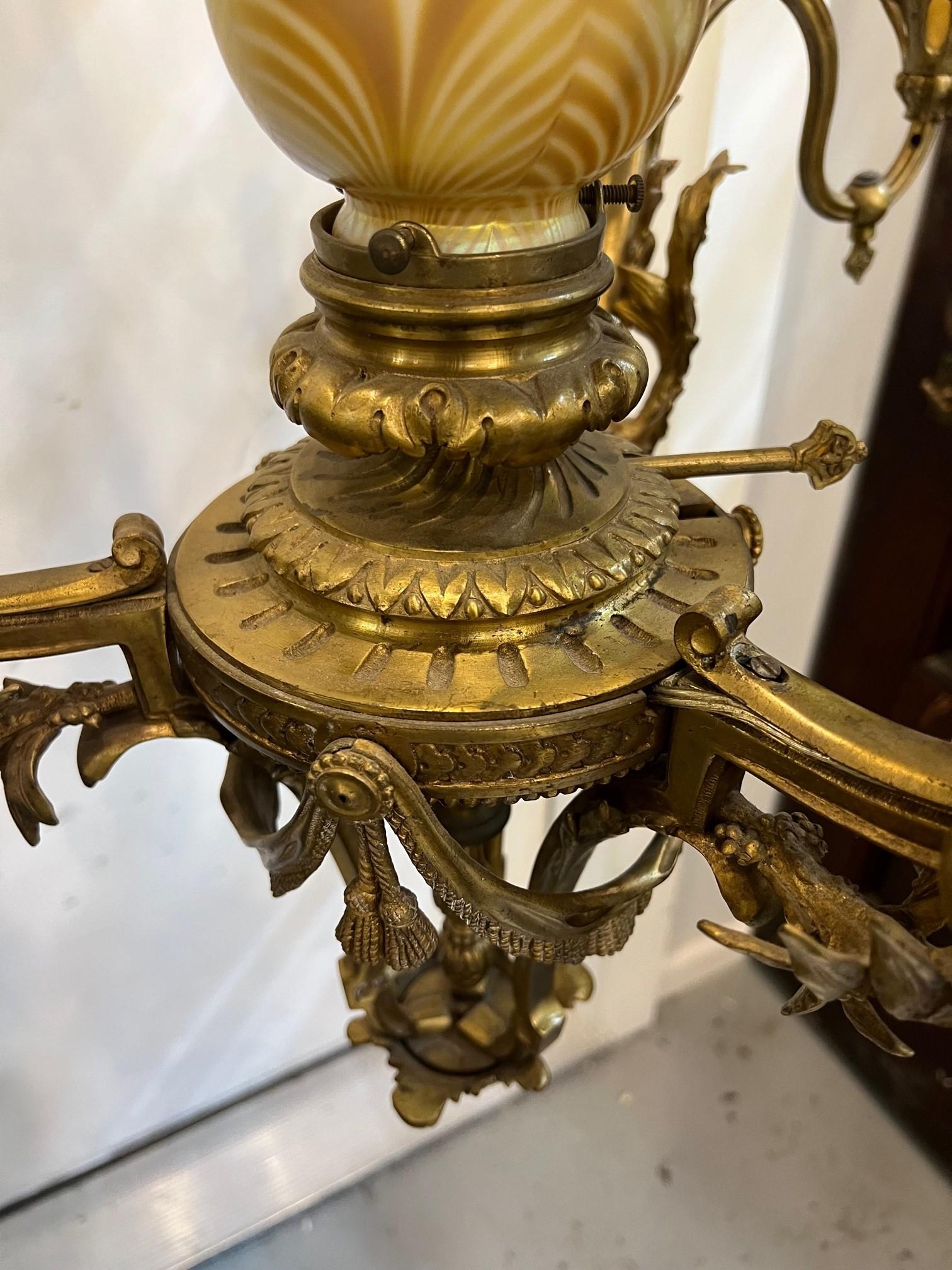 Antique Six Arm Bronze French Louis XV Style Chandelier with Center Glass Globe  For Sale 1