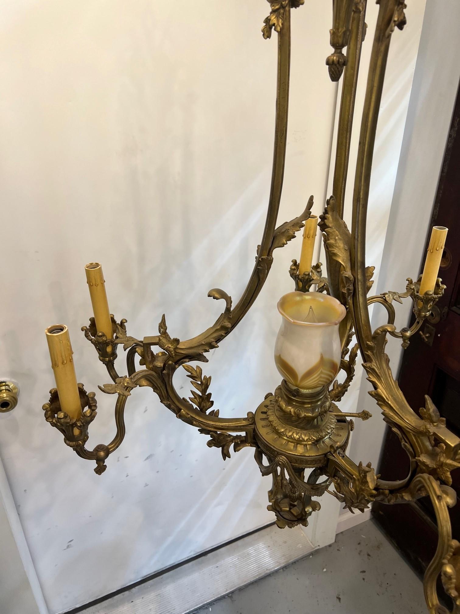 Antique Six Arm Bronze French Louis XV Style Chandelier with Center Glass Globe  For Sale 3