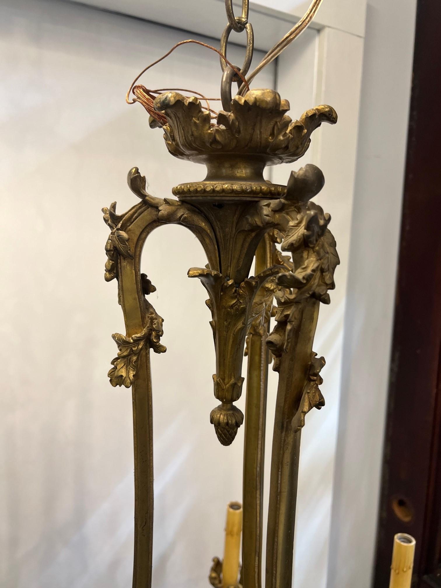 Antique Six Arm Bronze French Louis XV Style Chandelier with Center Glass Globe  For Sale 4