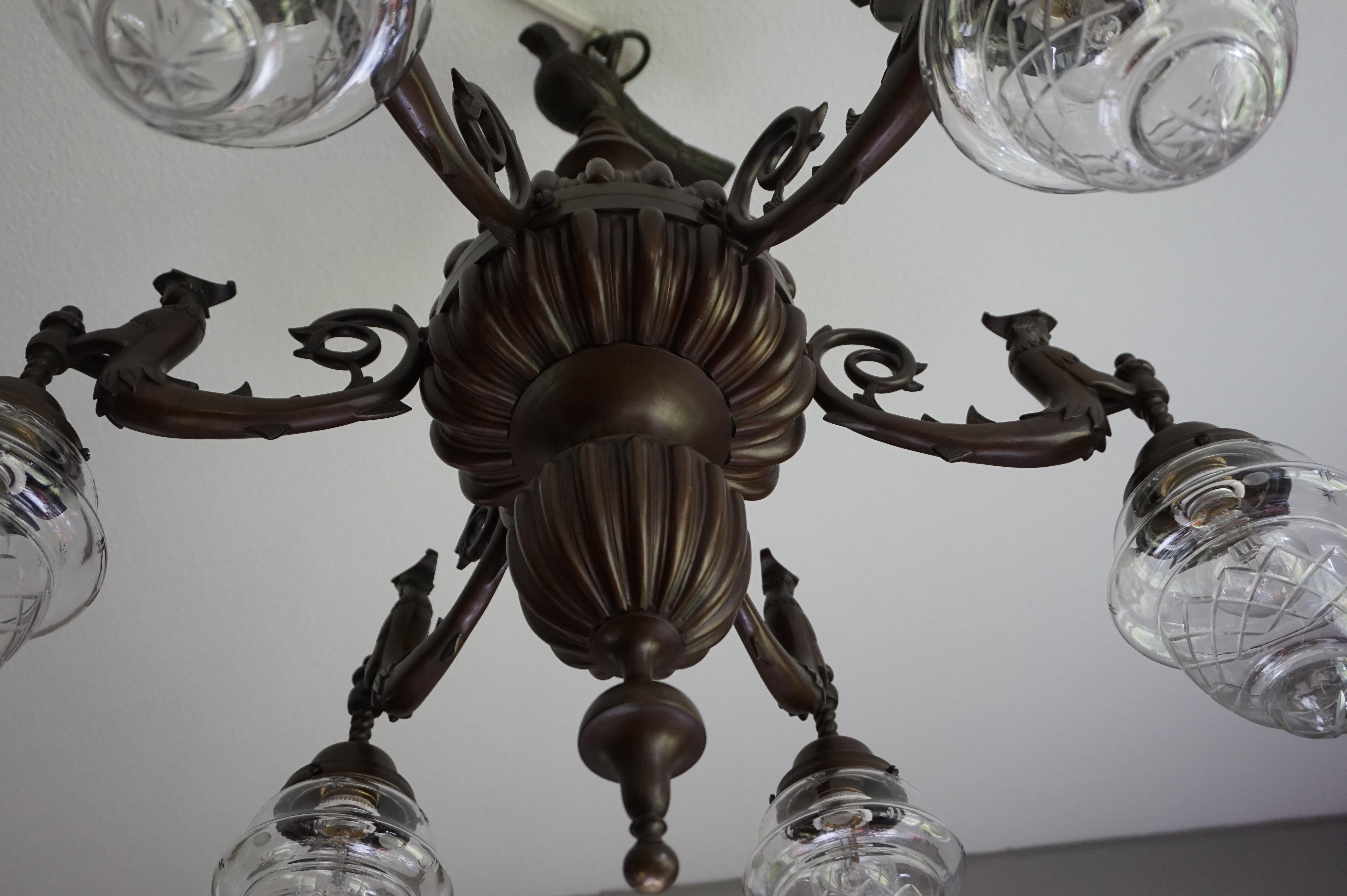 Large Six-Light Bronze Chandelier with Folkore or Fable Hybrid Guard Sculptures For Sale 3