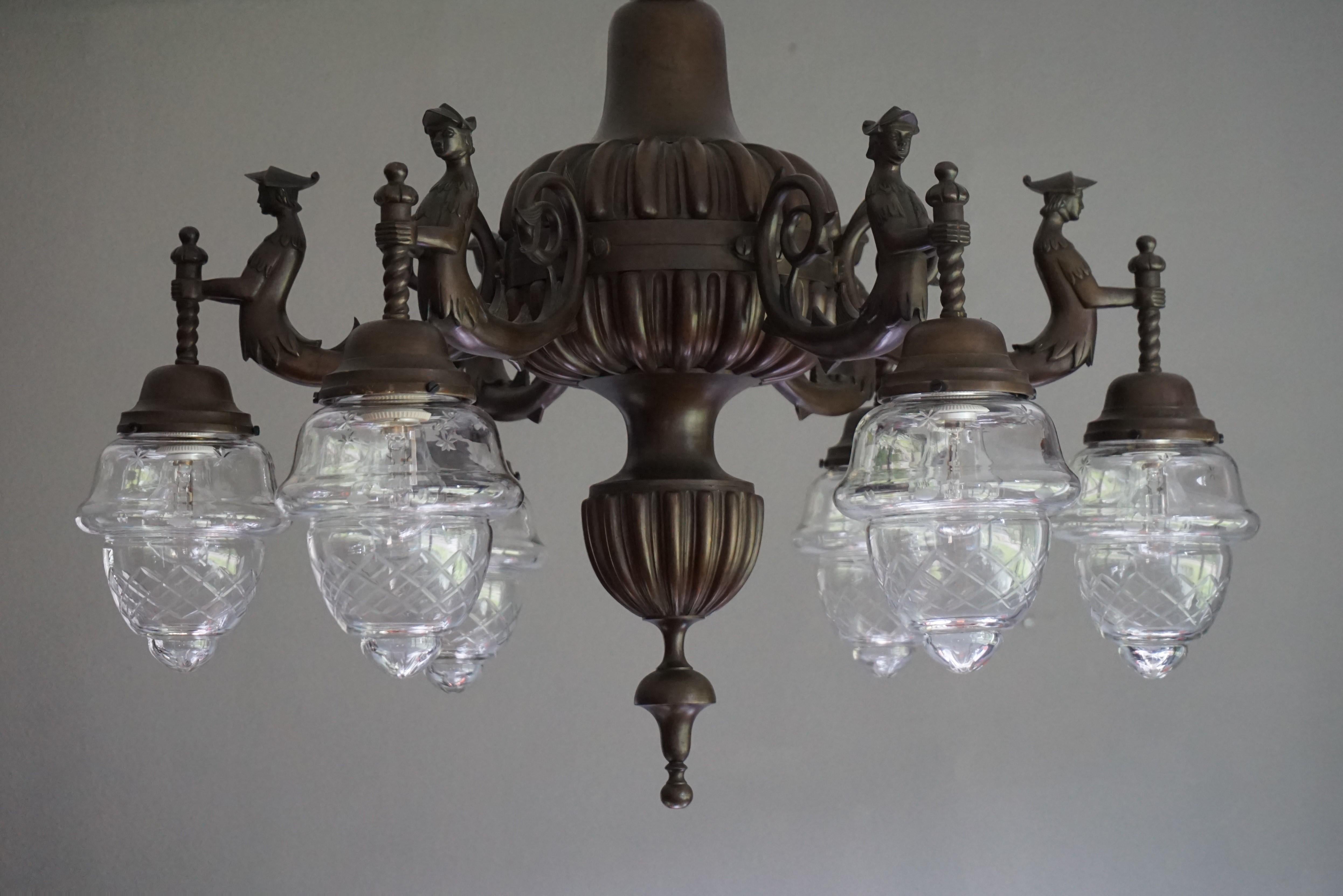 Large Six-Light Bronze Chandelier with Folkore or Fable Hybrid Guard Sculptures For Sale 10