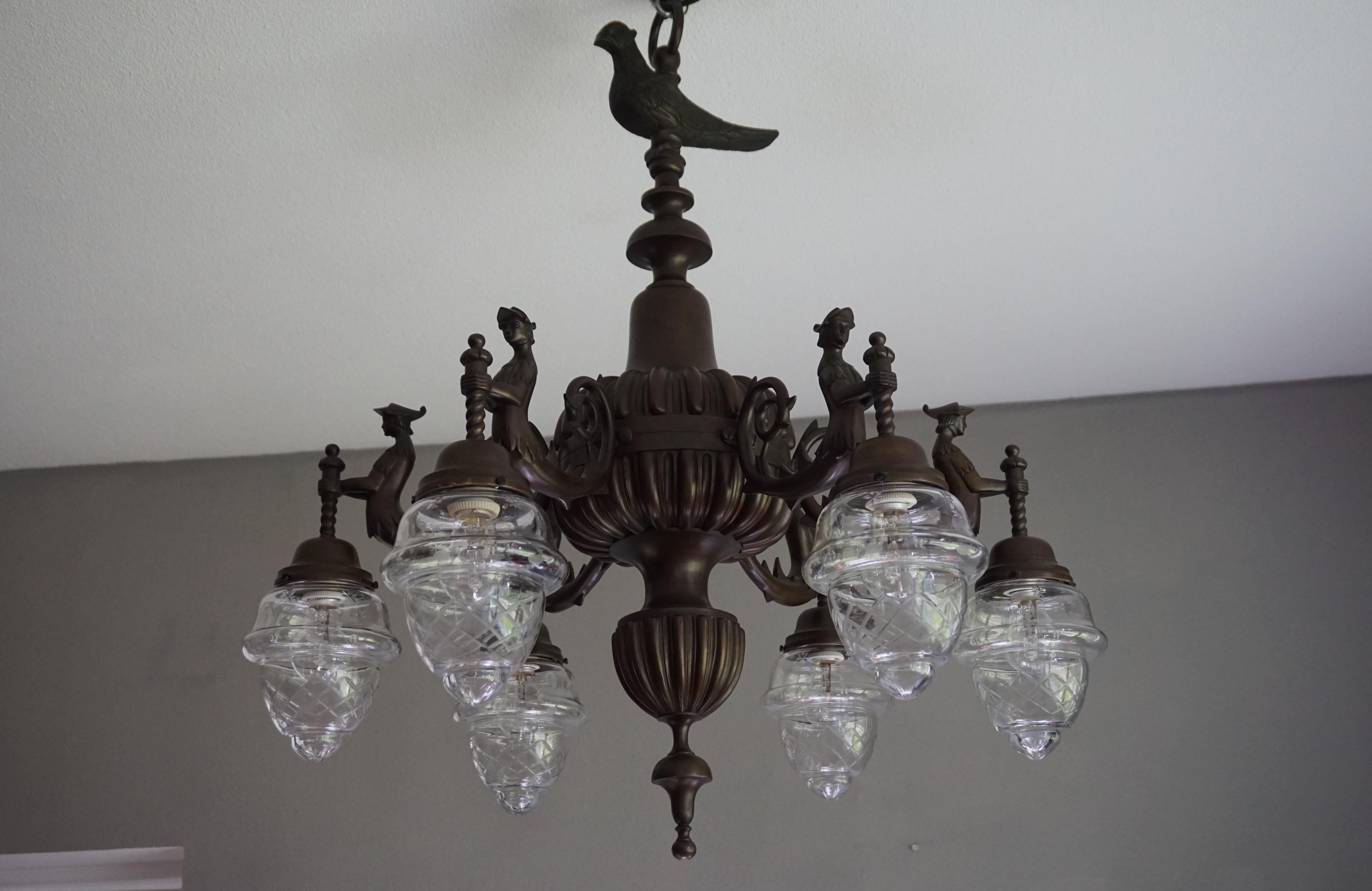 Large Six-Light Bronze Chandelier with Folkore or Fable Hybrid Guard Sculptures For Sale 13