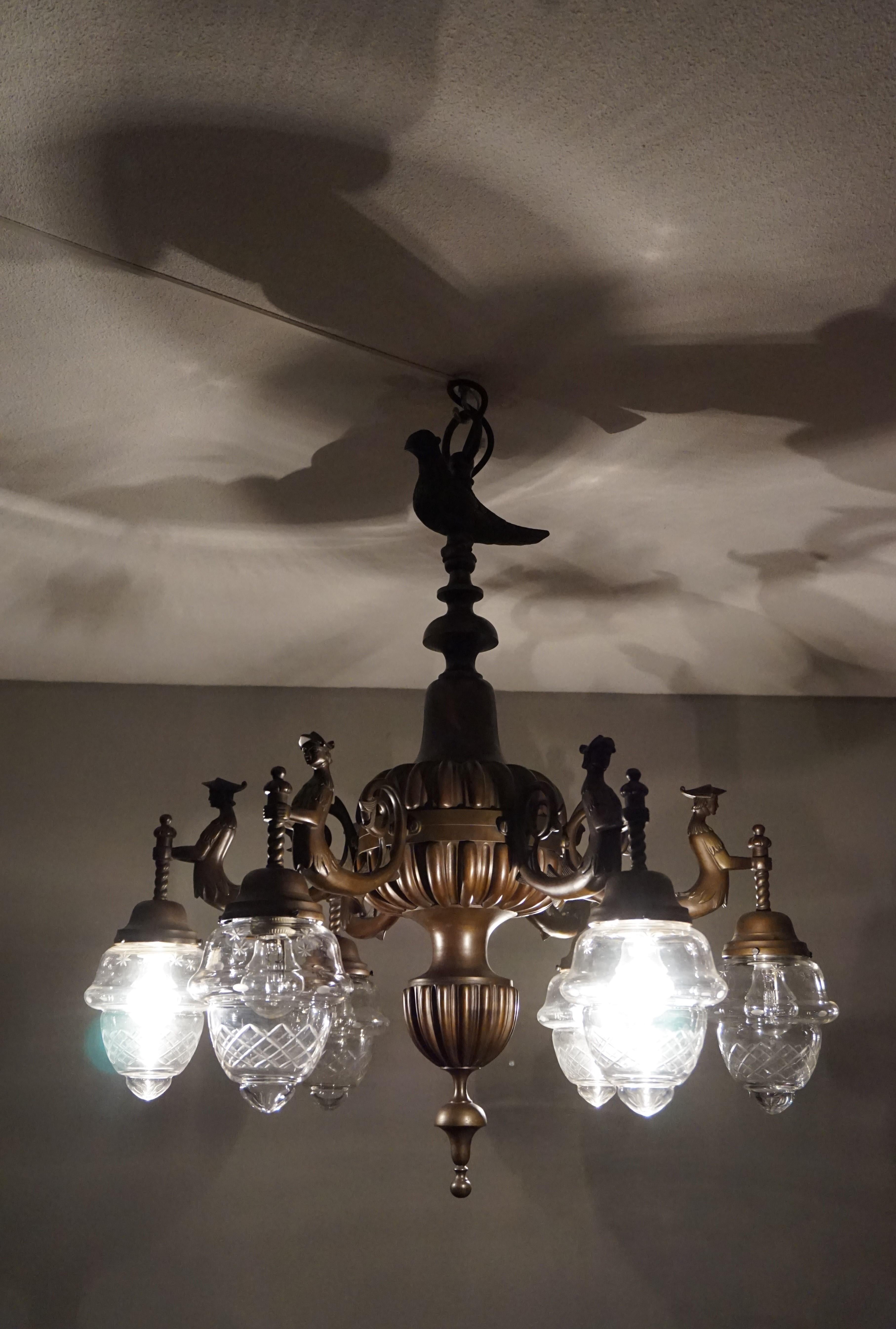 European Large Six-Light Bronze Chandelier with Folkore or Fable Hybrid Guard Sculptures For Sale