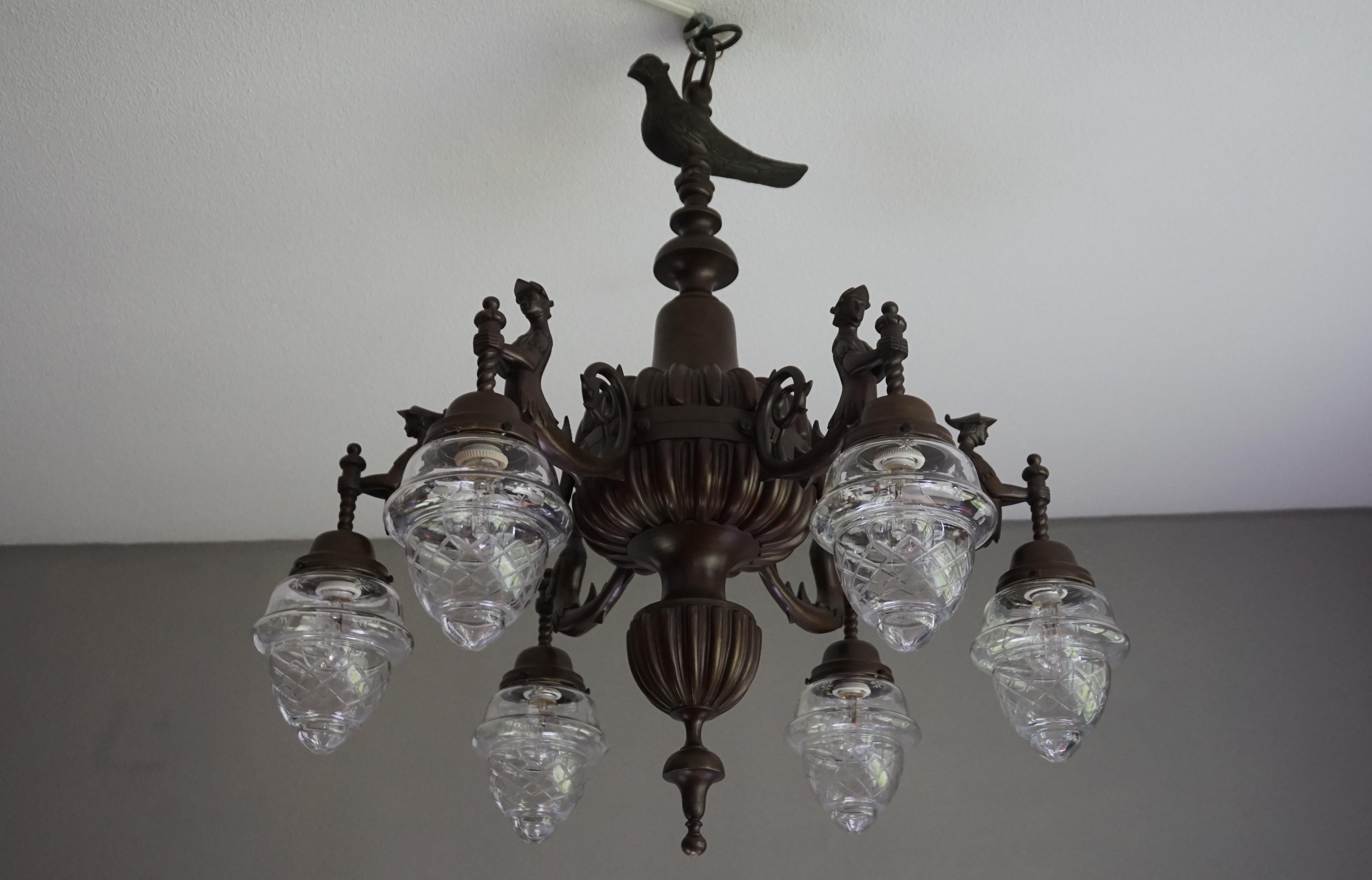 Hand-Crafted Large Six-Light Bronze Chandelier with Folkore or Fable Hybrid Guard Sculptures For Sale