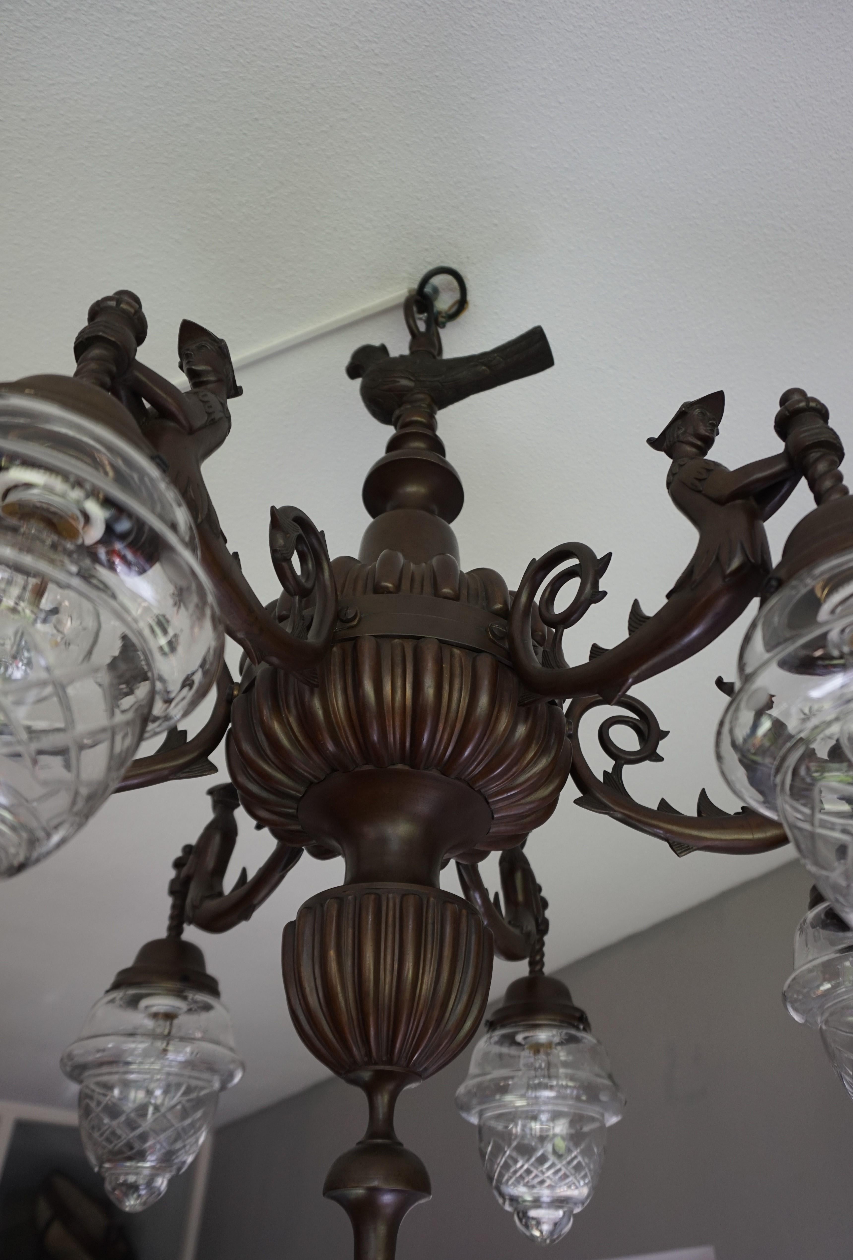 Large Six-Light Bronze Chandelier with Folkore or Fable Hybrid Guard Sculptures In Good Condition For Sale In Lisse, NL
