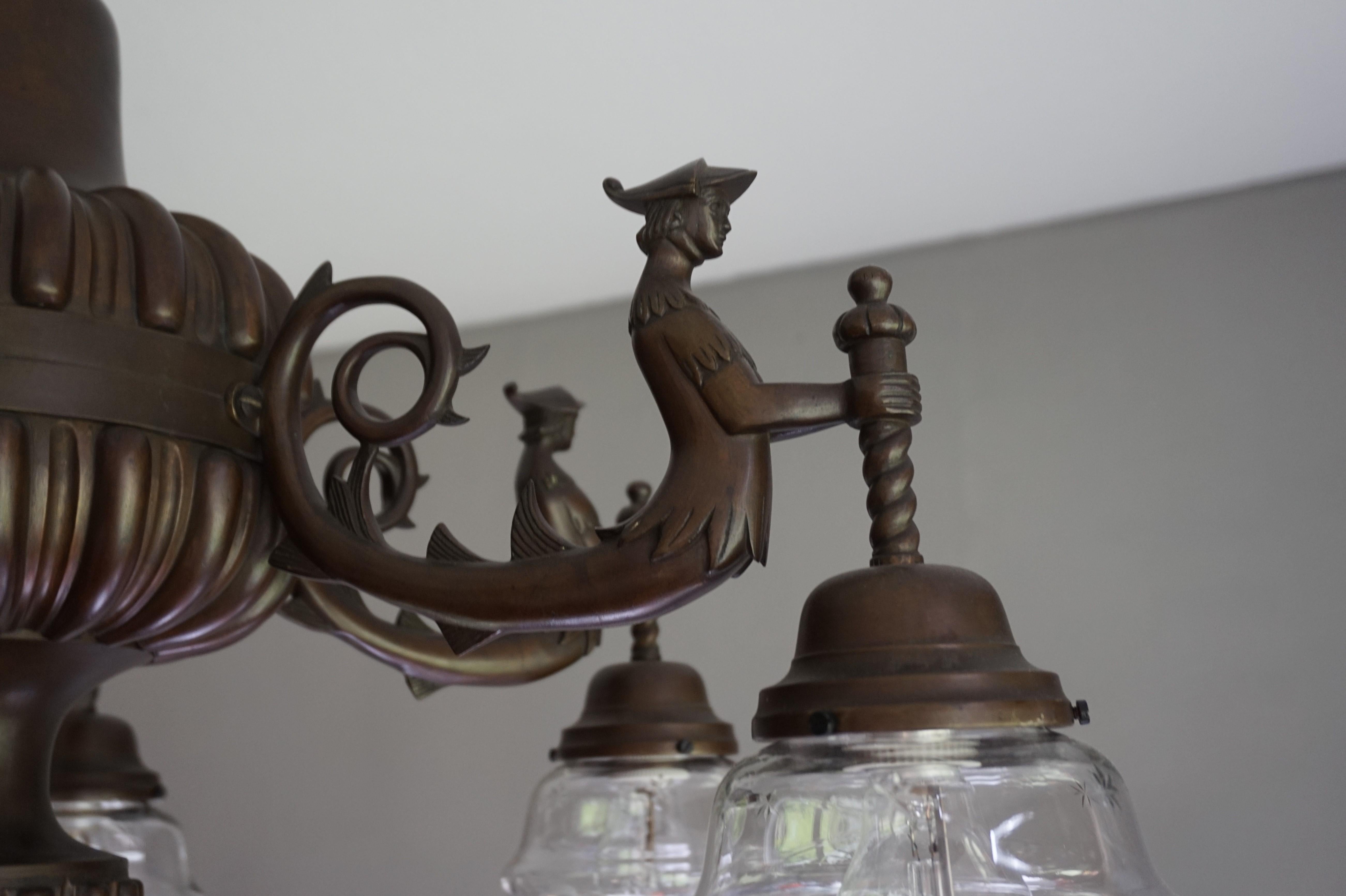 20th Century Large Six-Light Bronze Chandelier with Folkore or Fable Hybrid Guard Sculptures For Sale