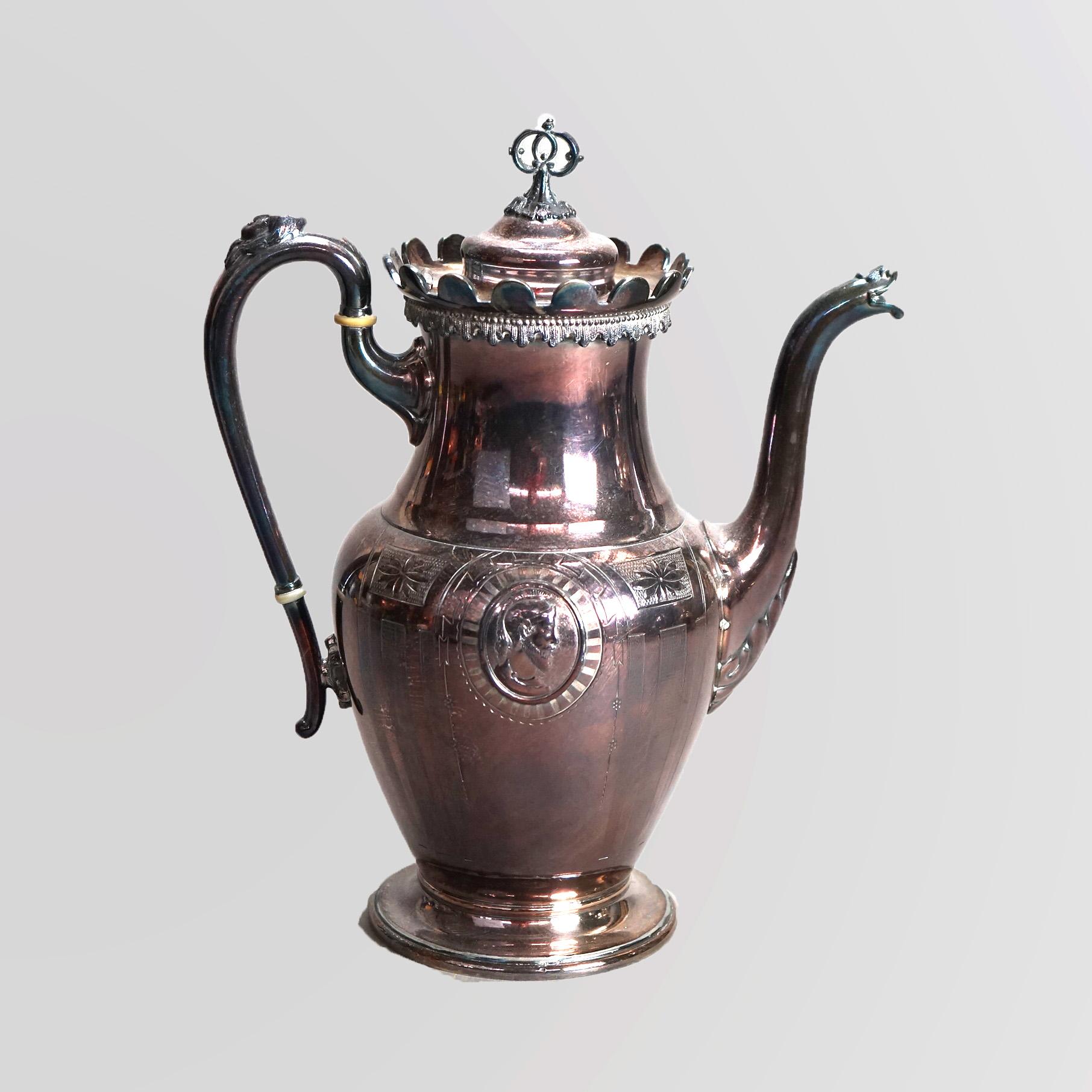 Antique Six Piece Simpson Hall Miller & Co. Silver Plated Figural Tea Set C1890 In Good Condition For Sale In Big Flats, NY