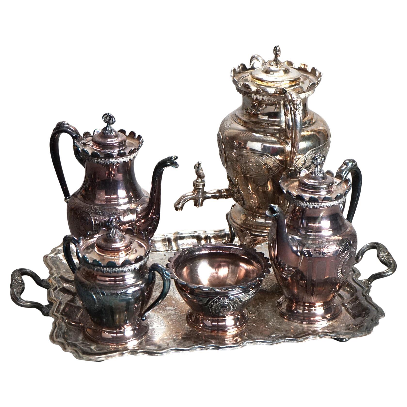 Antique Six Piece Simpson Hall Miller & Co. Silver Plated Figural Tea Set C1890 For Sale