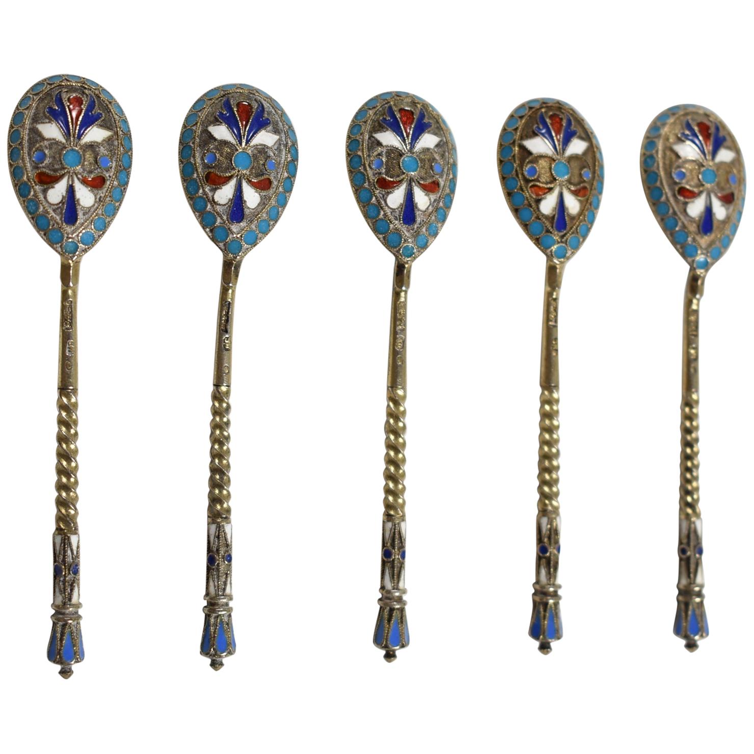 Antique Six Russian Imperial .875 Silver and Enamel Spoons