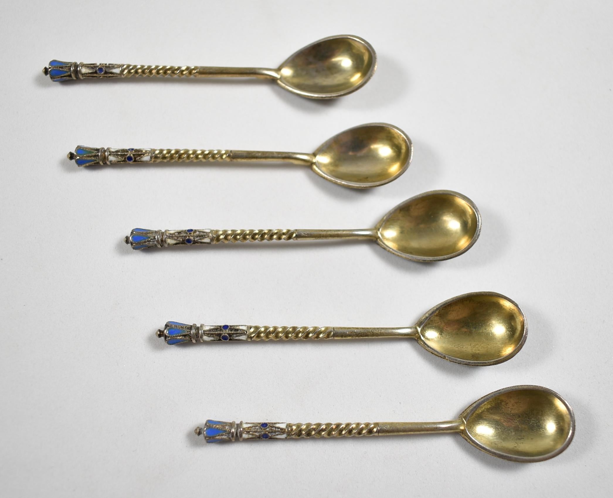 Five antique circa 1882-1896 Russian Imperial .875 silver and enamel spoons, Moscow. 3 1/4