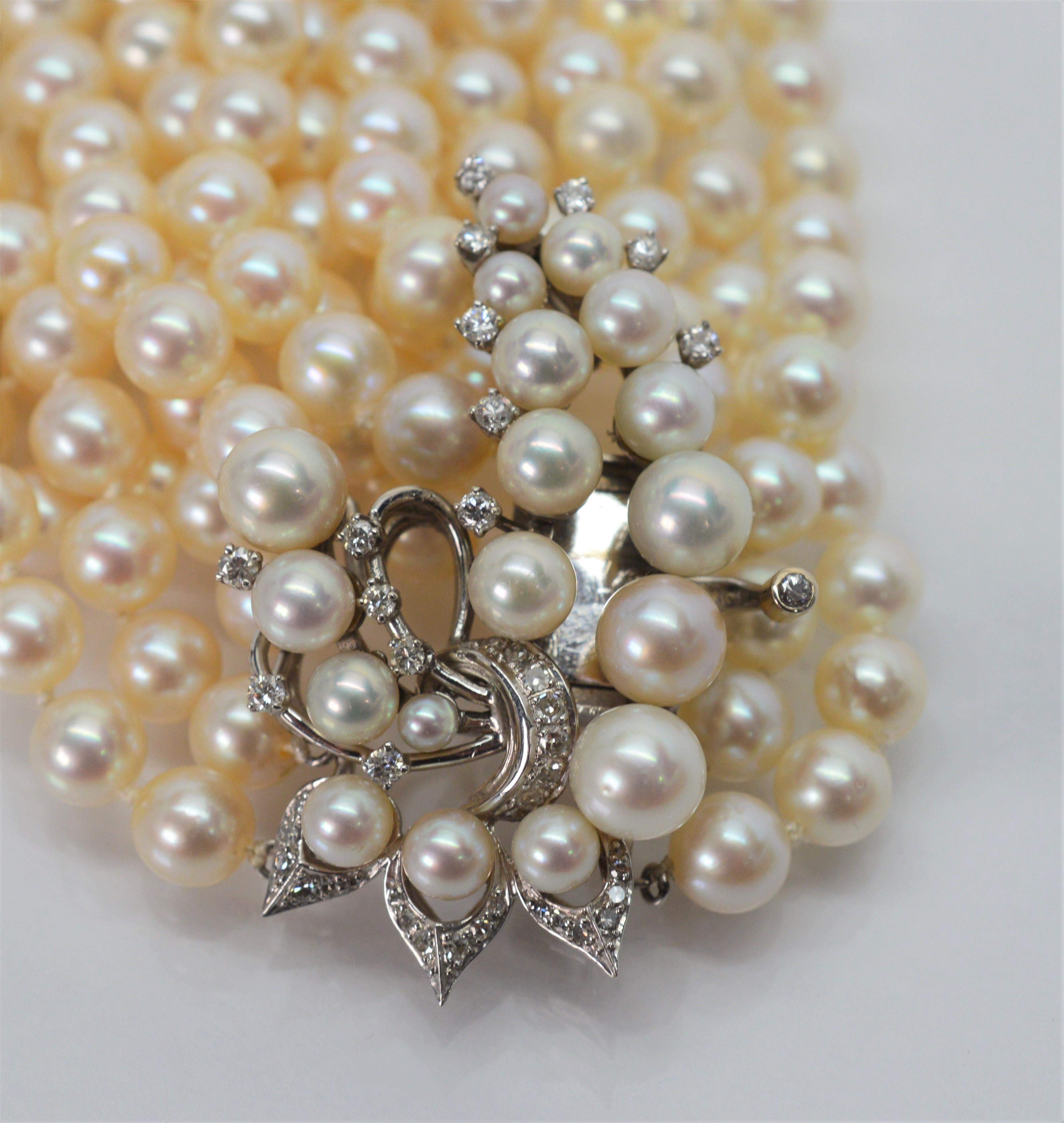 Antique Six-Strand Pearl Drape Necklace with Platinum Diamond Clasp 4