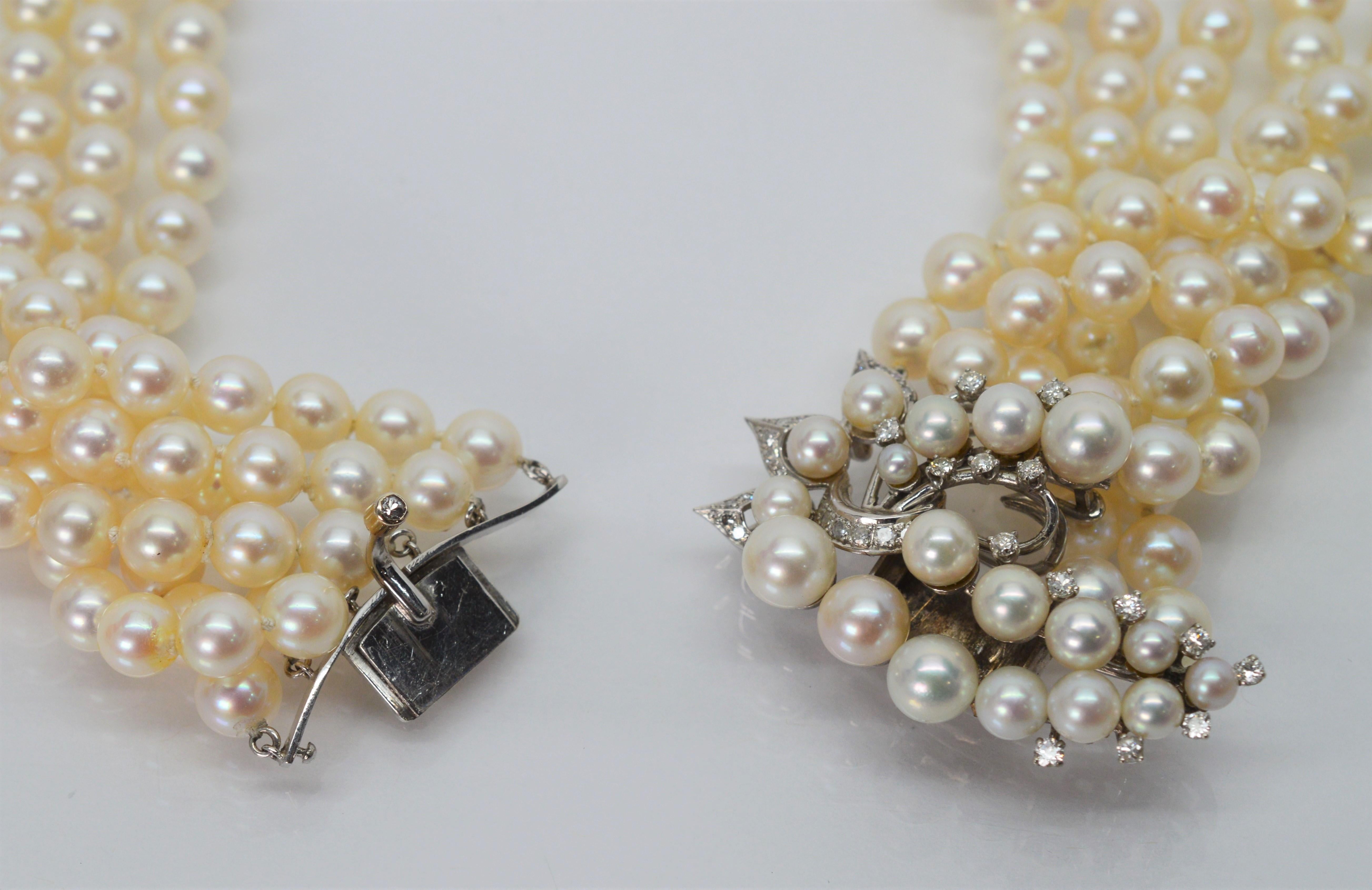 Antique Six-Strand Pearl Drape Necklace with Platinum Diamond Clasp 5