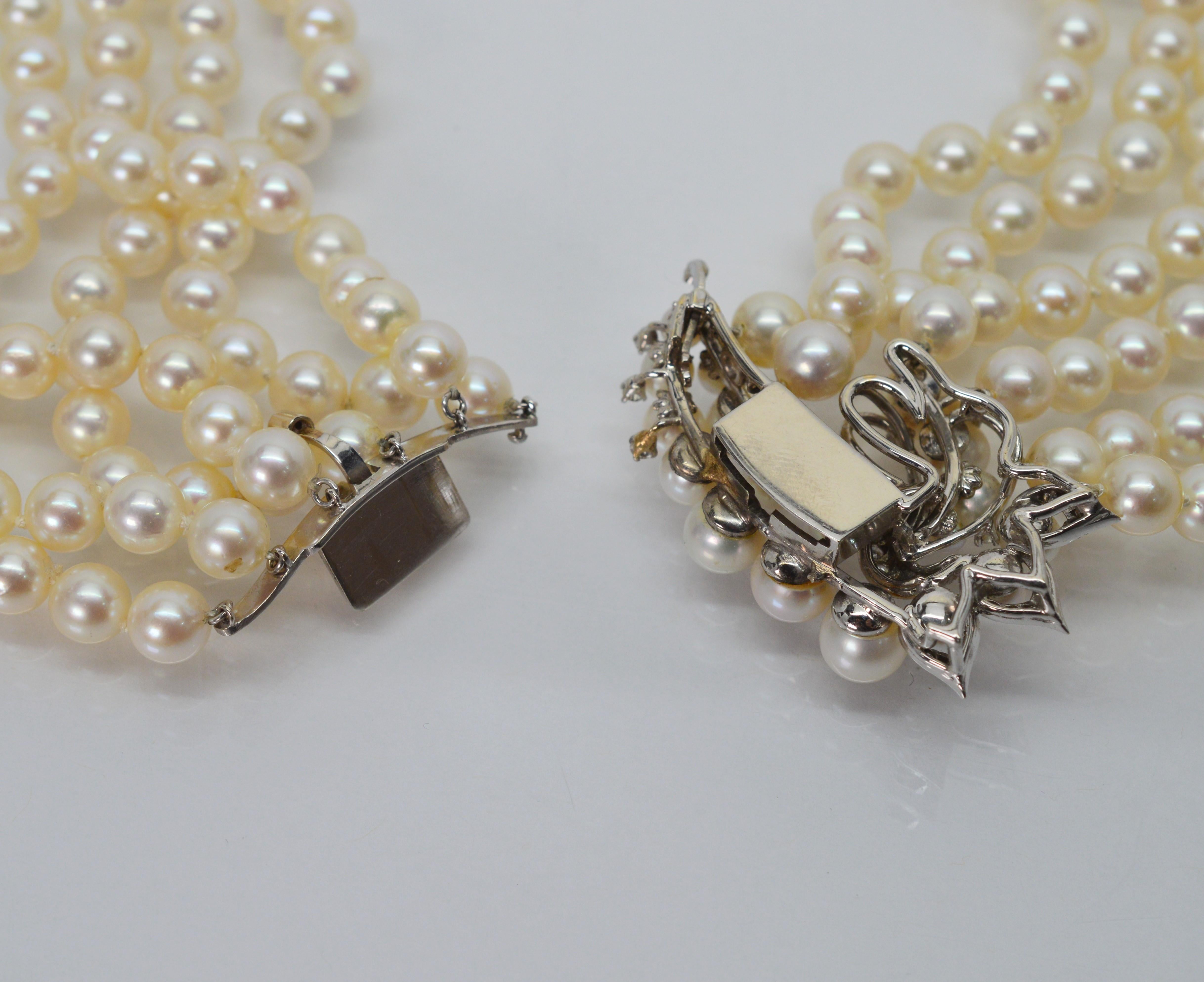 Antique Six-Strand Pearl Drape Necklace with Platinum Diamond Clasp 6