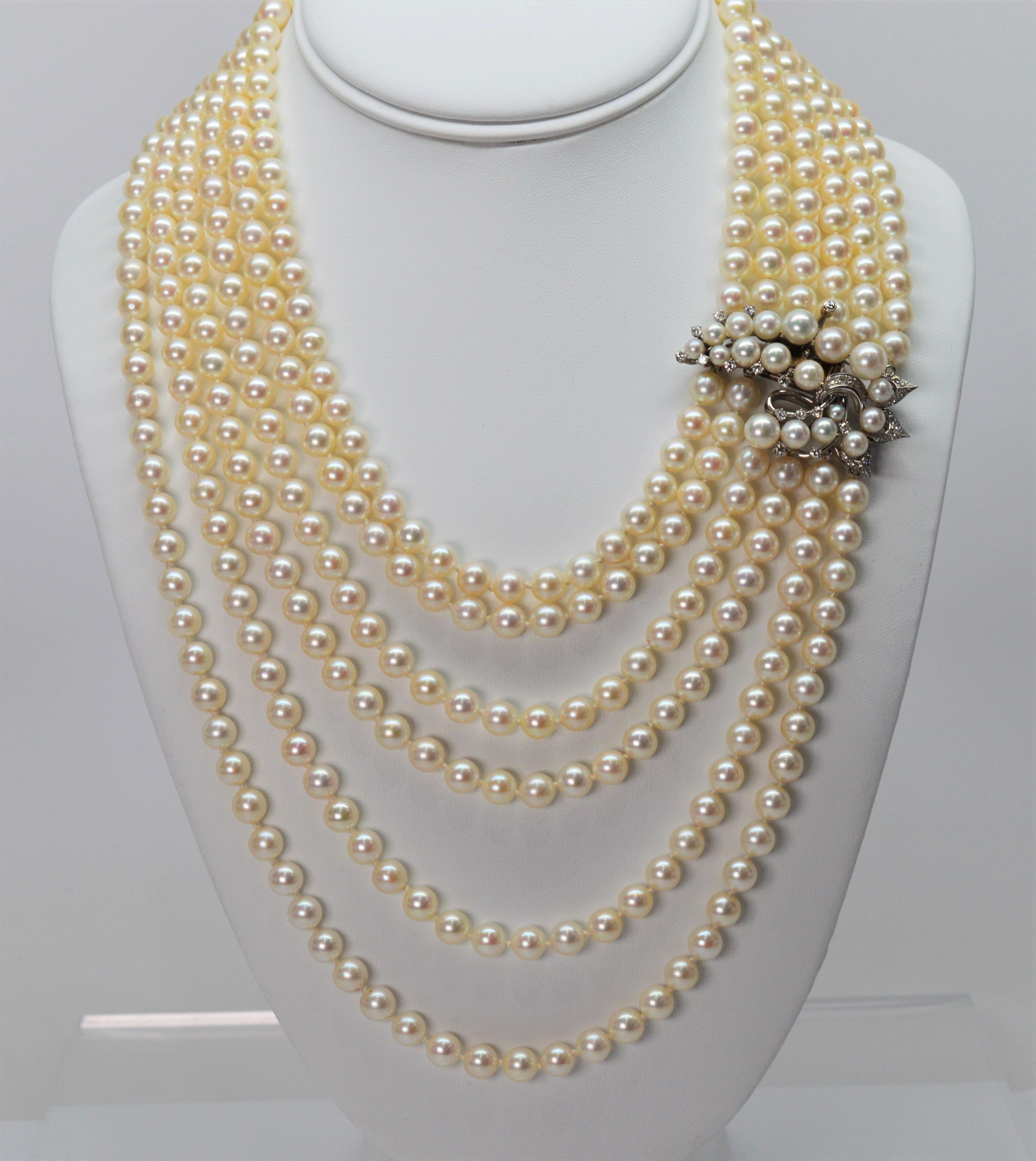 Antique Six-Strand Pearl Drape Necklace with Platinum Diamond Clasp 7