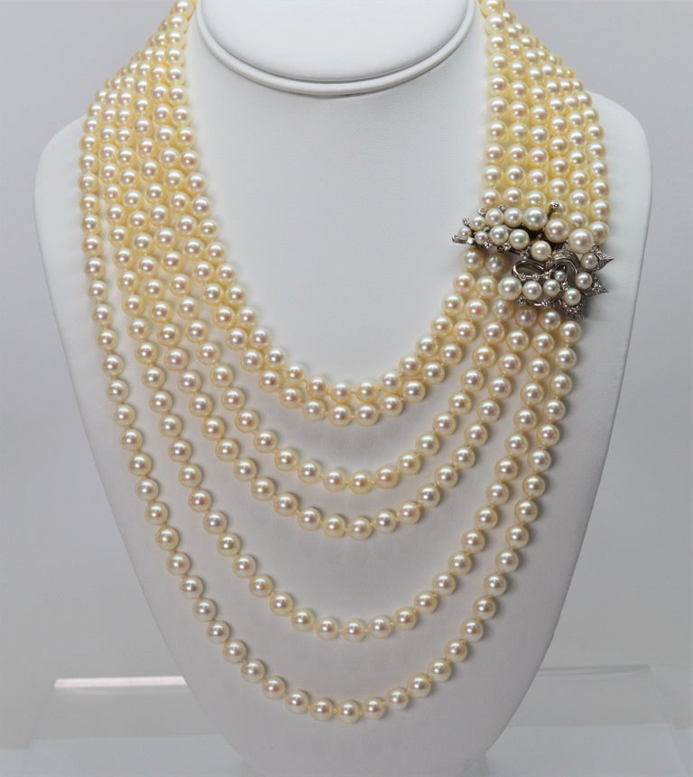 Antique Six-Strand Pearl Drape Necklace with Platinum Diamond Clasp at ...