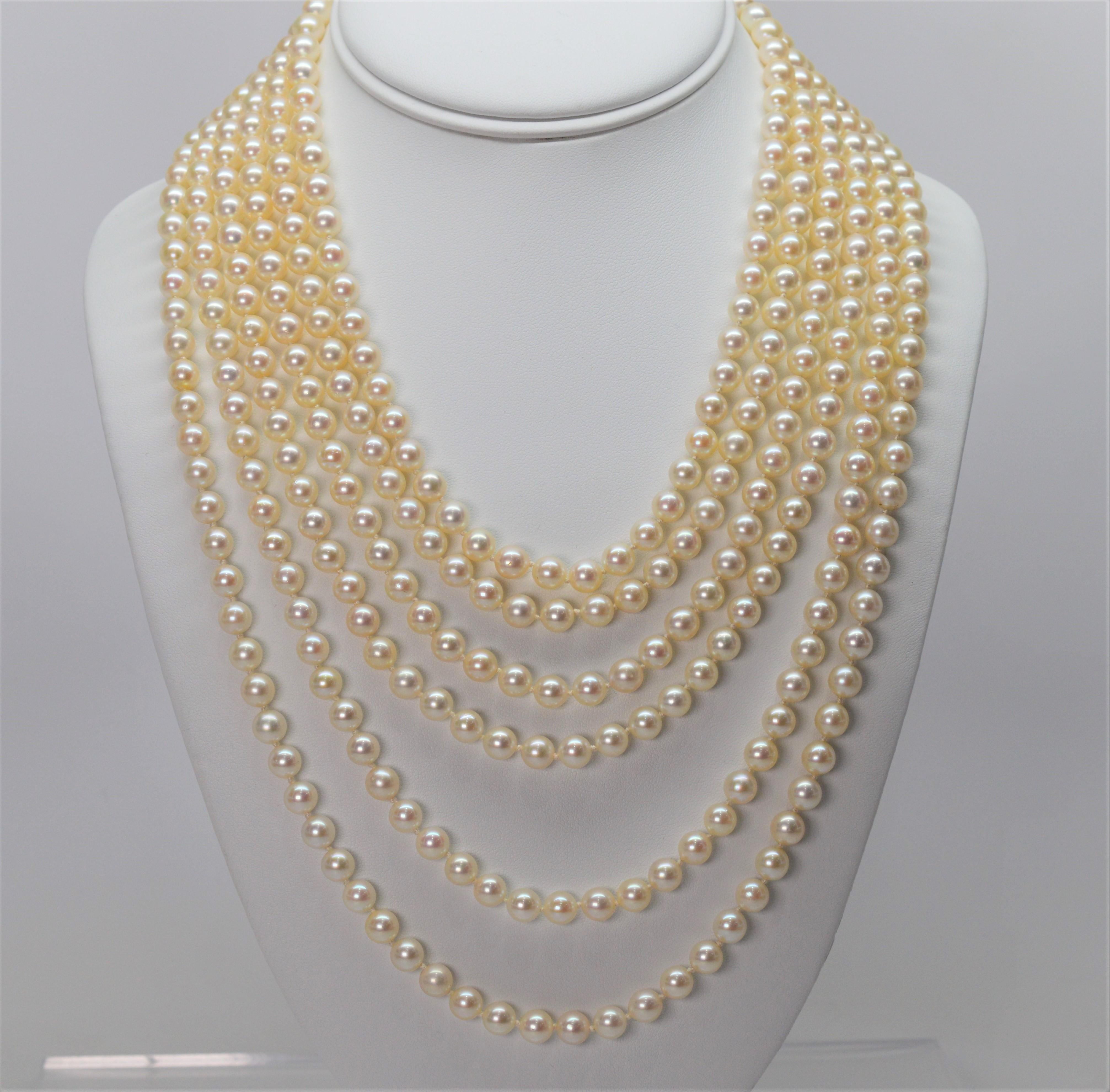 Antique Six-Strand Pearl Drape Necklace with Platinum Diamond Clasp In Excellent Condition In Mount Kisco, NY