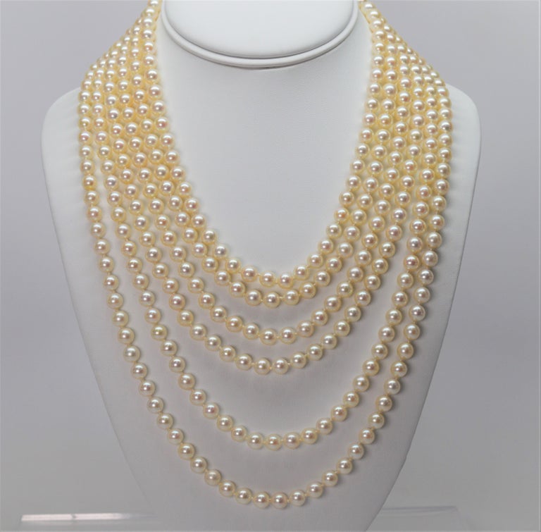 Antique SixStrand Pearl Drape Necklace with Platinum Diamond Clasp at