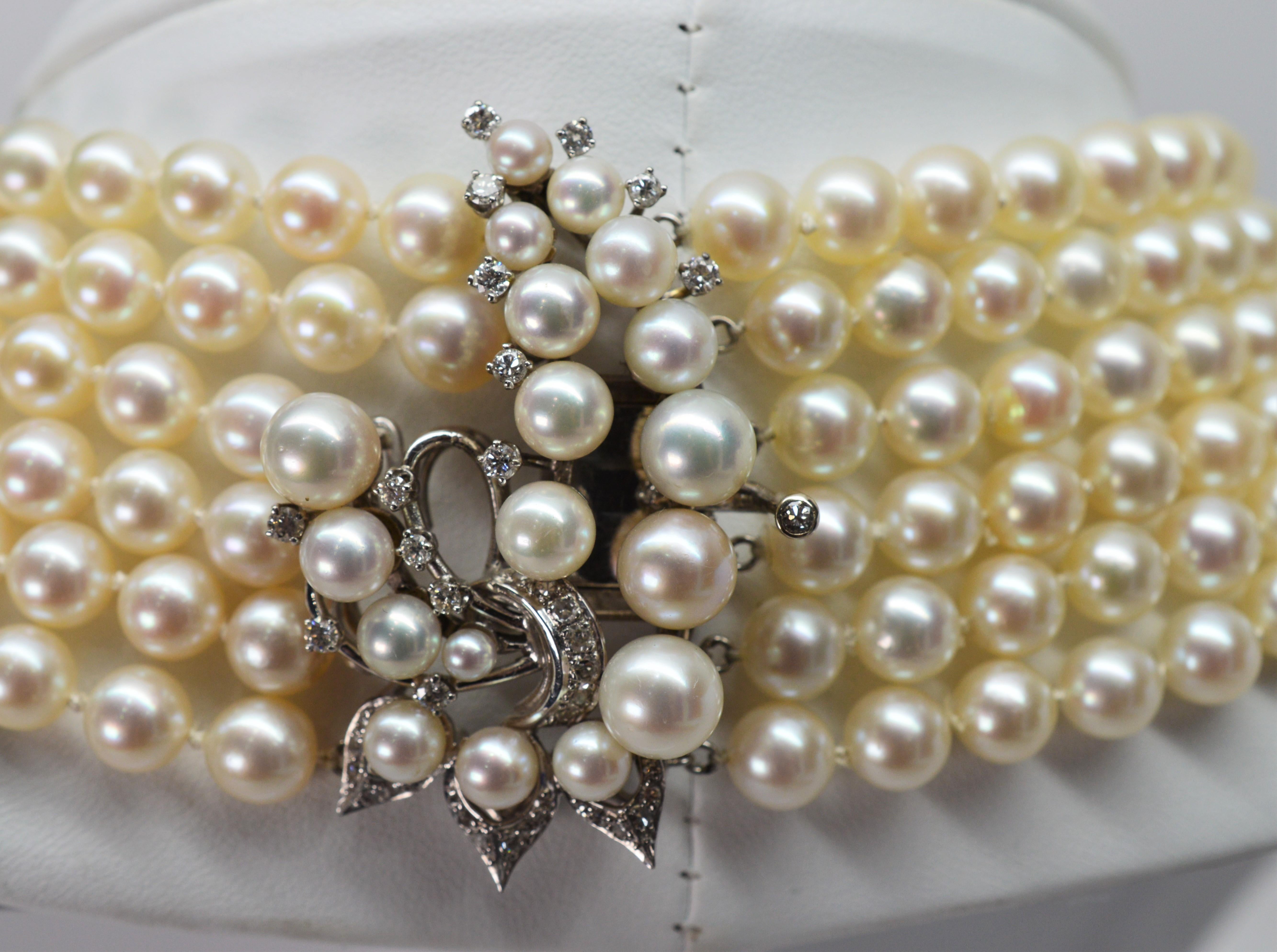 Women's Antique Six-Strand Pearl Drape Necklace with Platinum Diamond Clasp