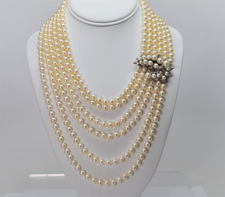 Antique Six-Strand Pearl Drape Necklace with Platinum Diamond Clasp at ...