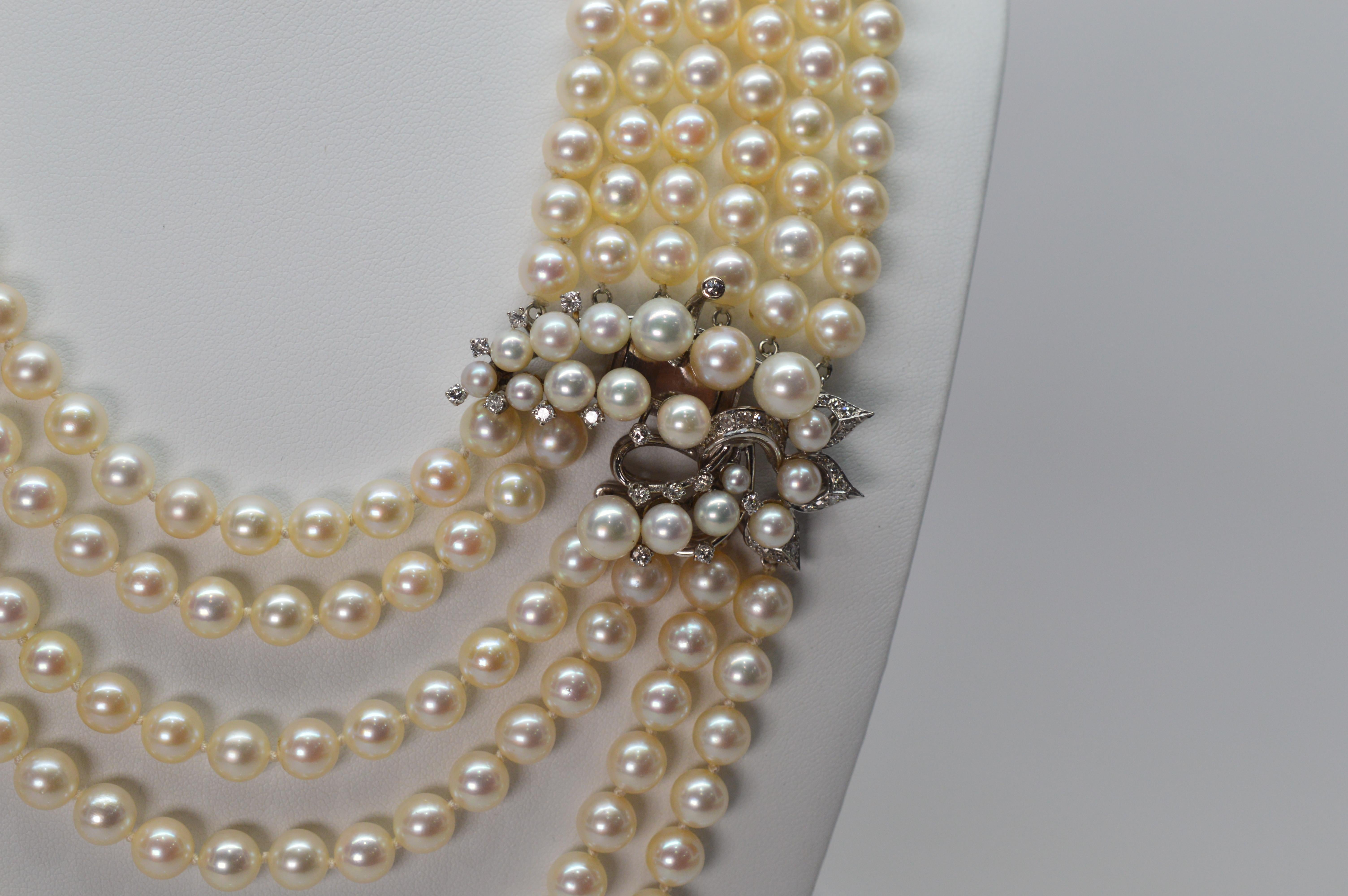 Antique Six-Strand Pearl Drape Necklace with Platinum Diamond Clasp 3