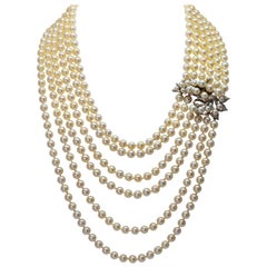 Antique Six-Strand Pearl Drape Necklace with Platinum Diamond Clasp