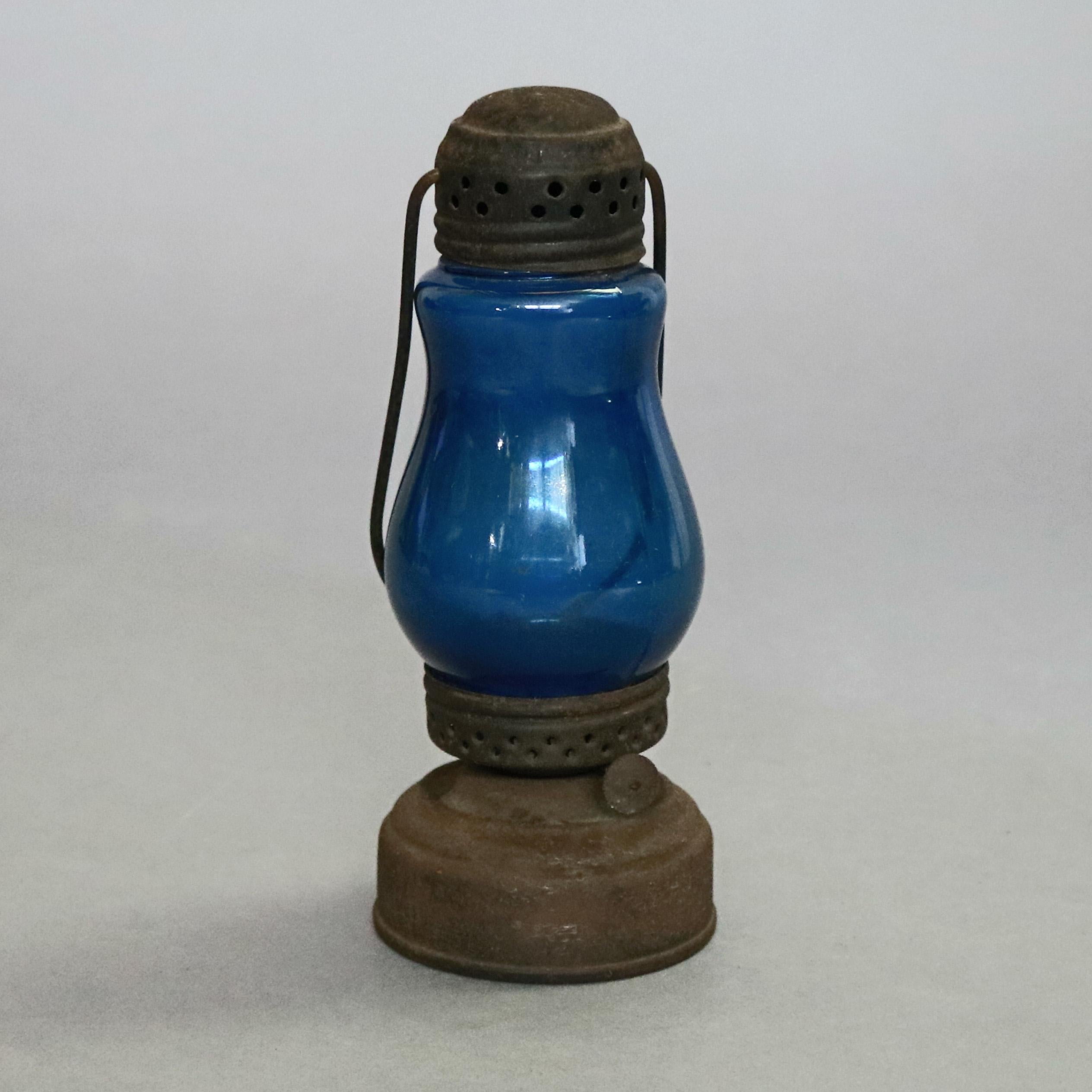 American Antique Skater's Lantern with Blue Glass Globe, circa 1870