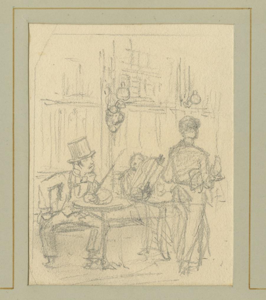 Interessante kleine Skizze eines Cafés in Paris, Frankreich. Quelle und Künstler unbekannt, muss noch ermittelt werden. Veröffentlicht um 1900.
