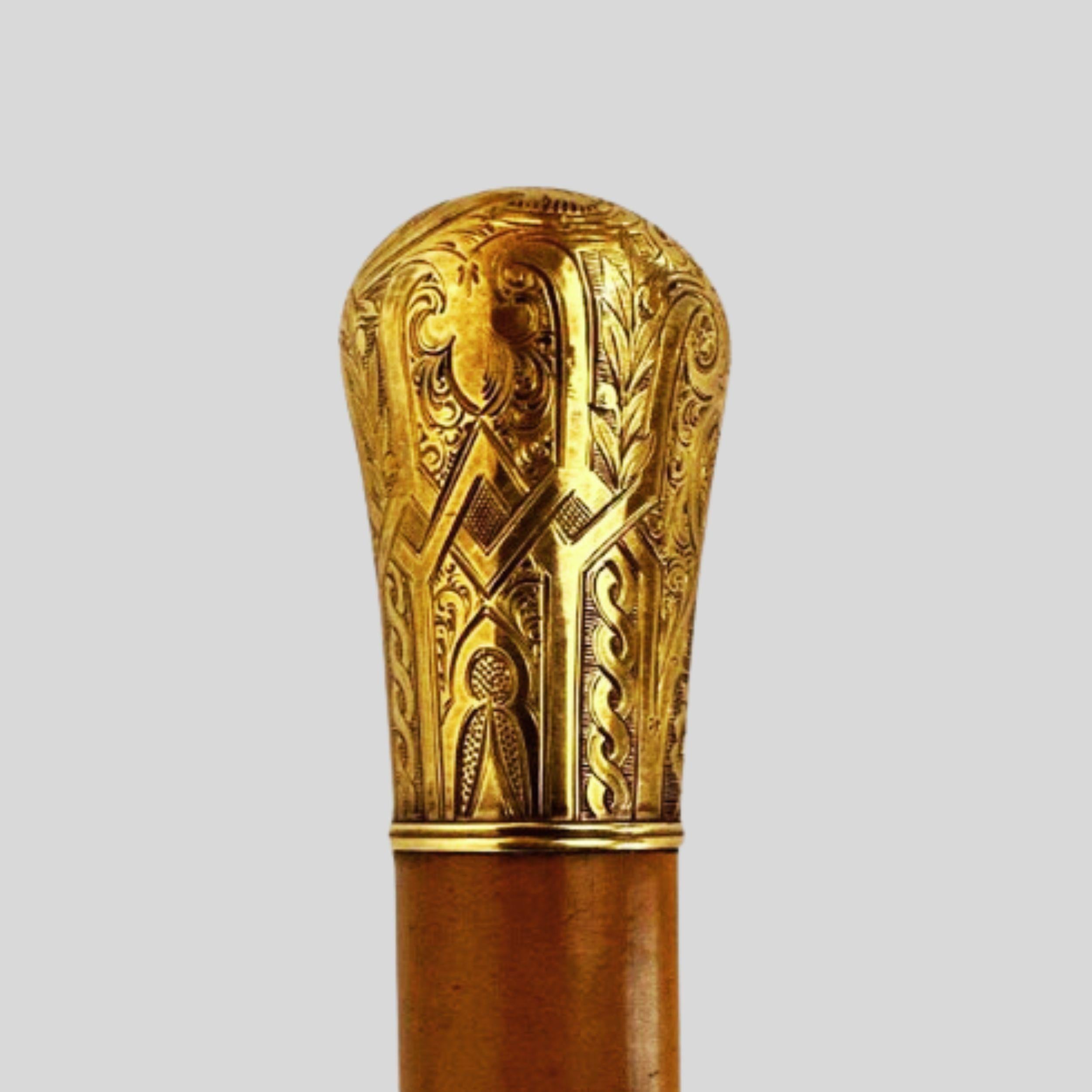Antique Skinner Gold Plated Knob Handle Walking Stick Cane Light Brown For Sale 1
