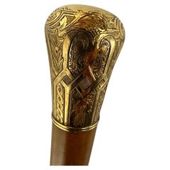 Antique Skinner Gold Plated Knob Handle Walking Stick Cane Light Brown