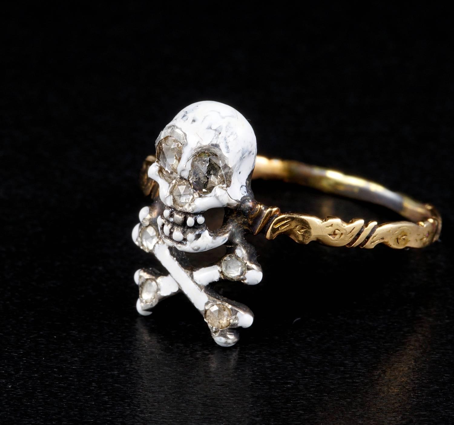 Georgian Antique Skull and Bones Diamond Memento Mori Ring