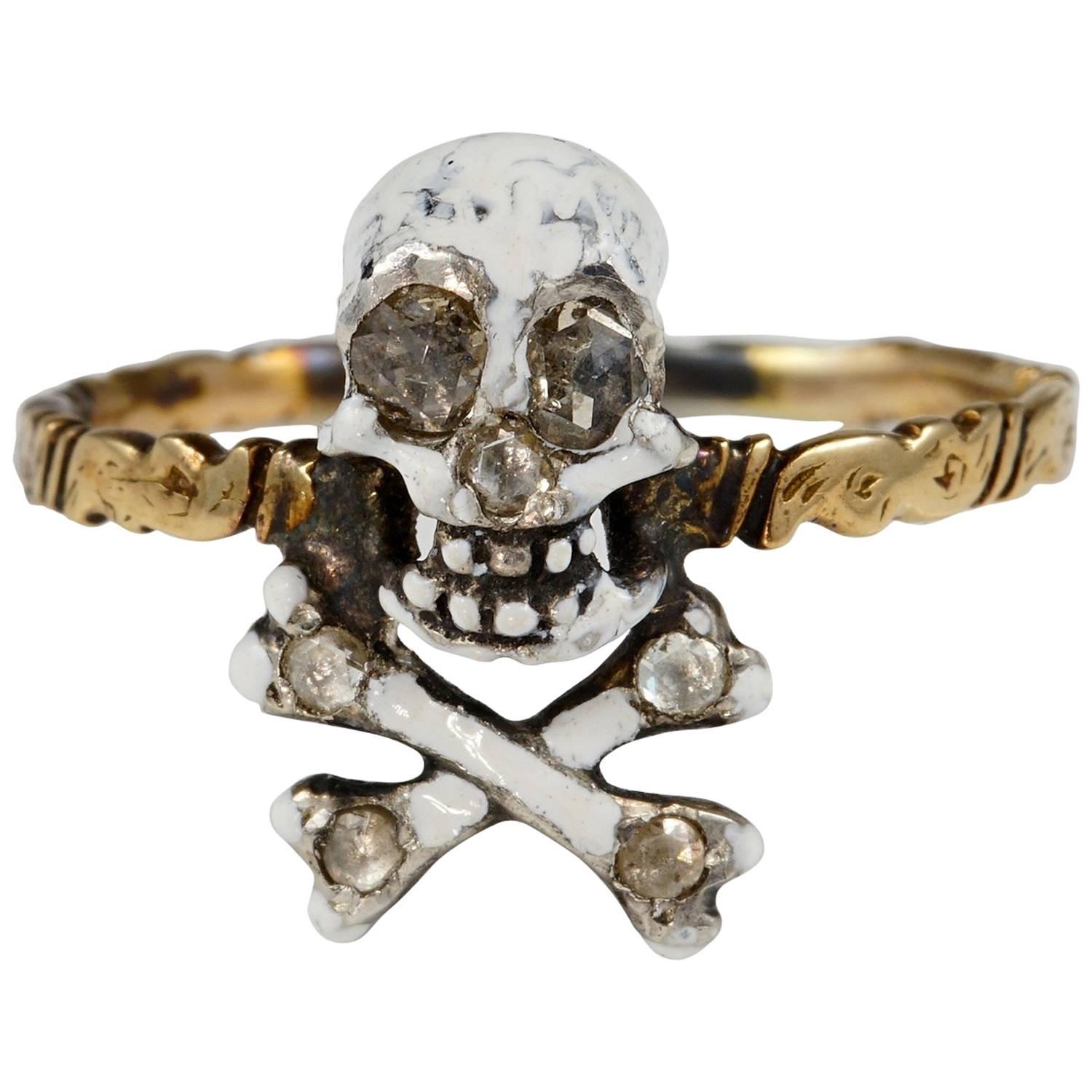 Antique Skull and Bones Diamond Memento Mori Ring