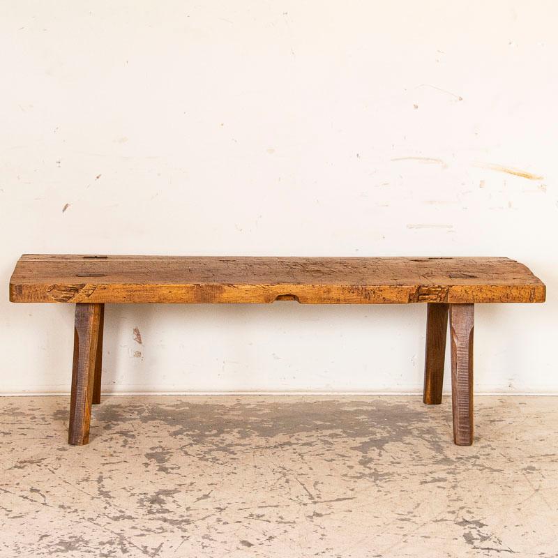 The slab of wood that creates the coffee table top holds tremendous appeal due to the many years of use that have deepened its character. The wonderful worn patina you see in the top grew richer over time due to the many scratches, dings and stains