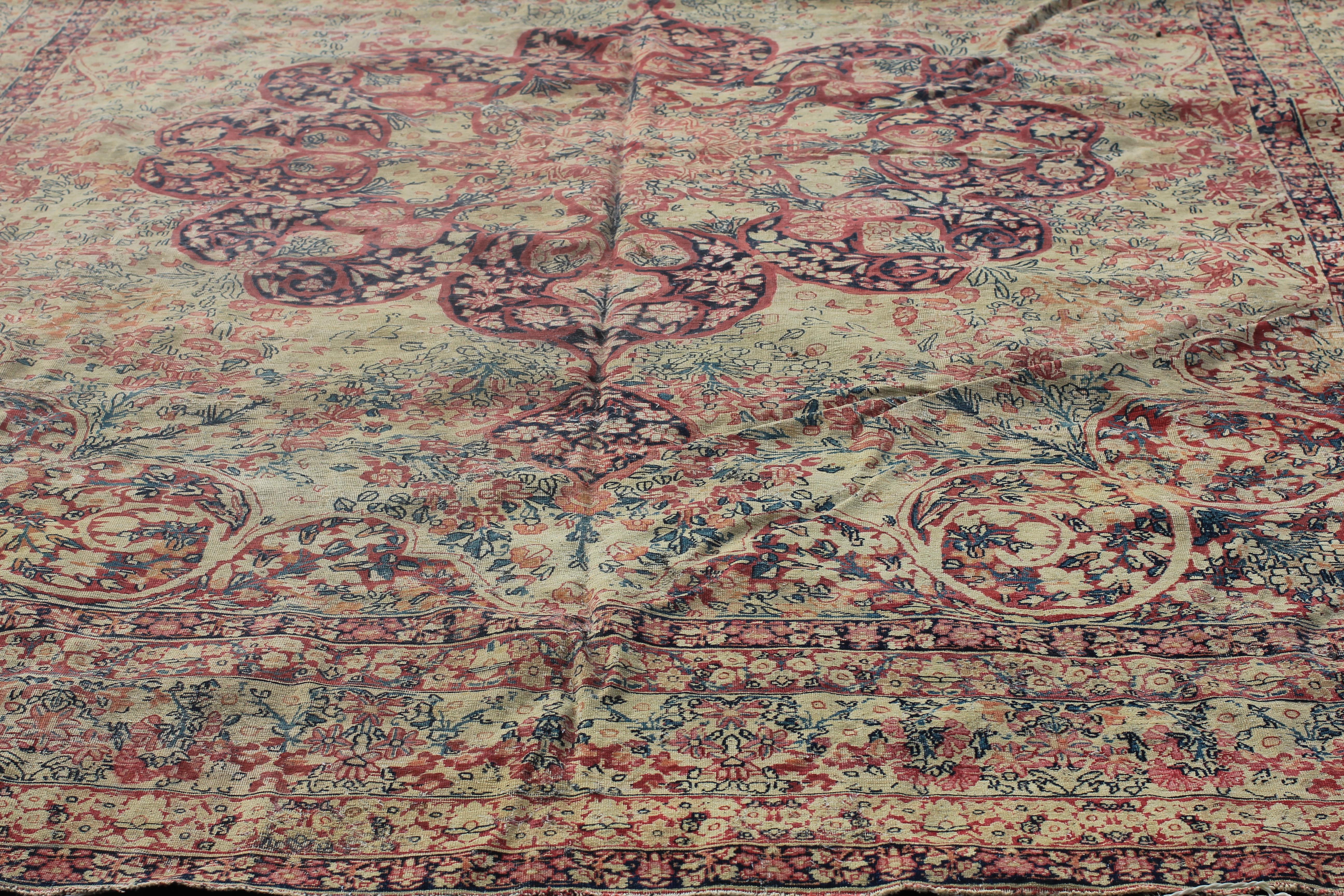 Antique Lavar Kerman carpet In Distressed Condition For Sale In New York, NY