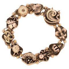 Antique Slide Charm Bracelet w Plant Animal Nature Theme Charms 14k Gold