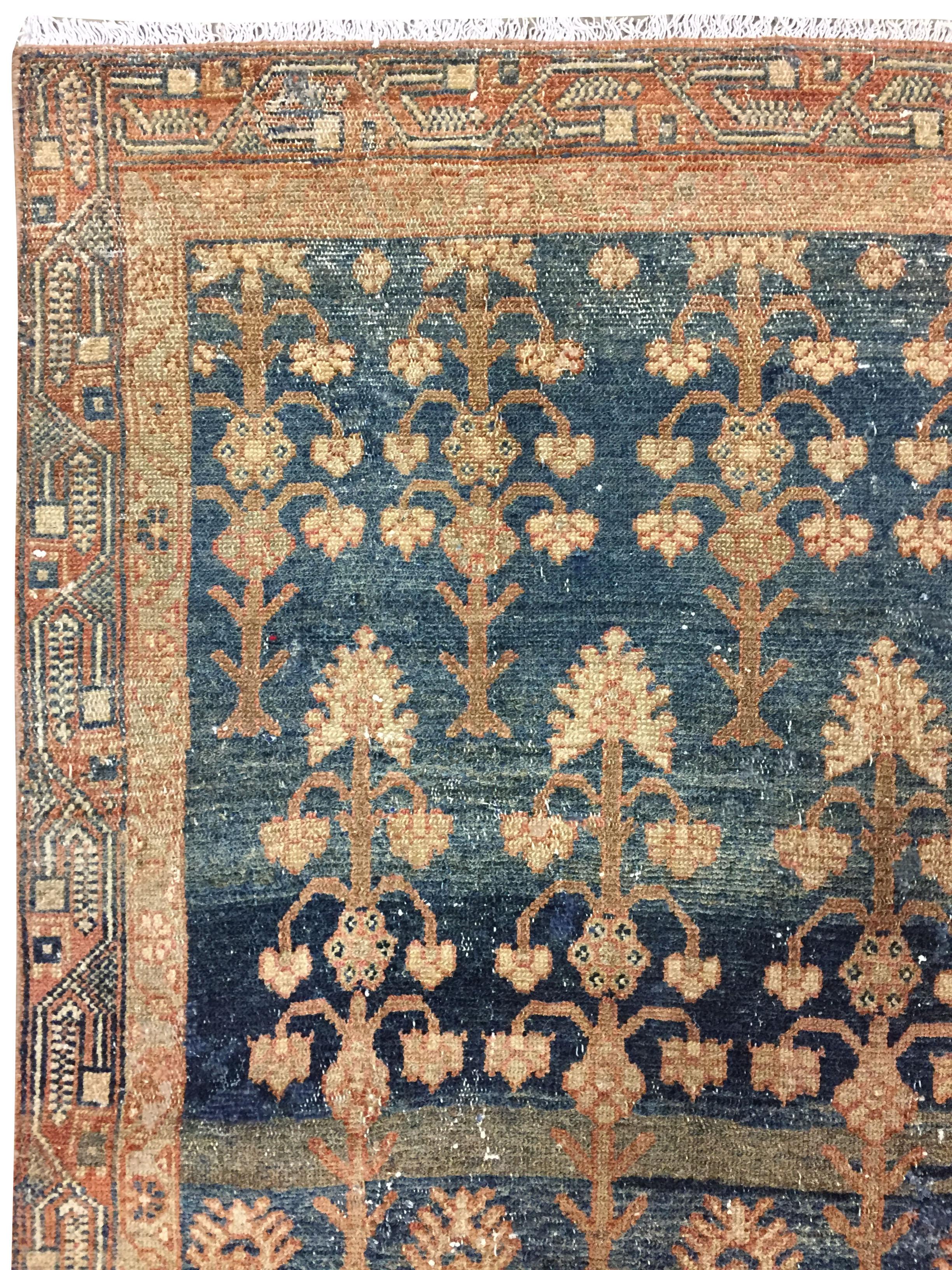 Antique slightly distressed Persian Malayer rug, Size: 4' x 5'5. A lovely antique Malayer handwoven rug with blues and an abrash in soft gray. Abrash is a natural change in color that occurs when different dyes are used in a batch of wool and gives