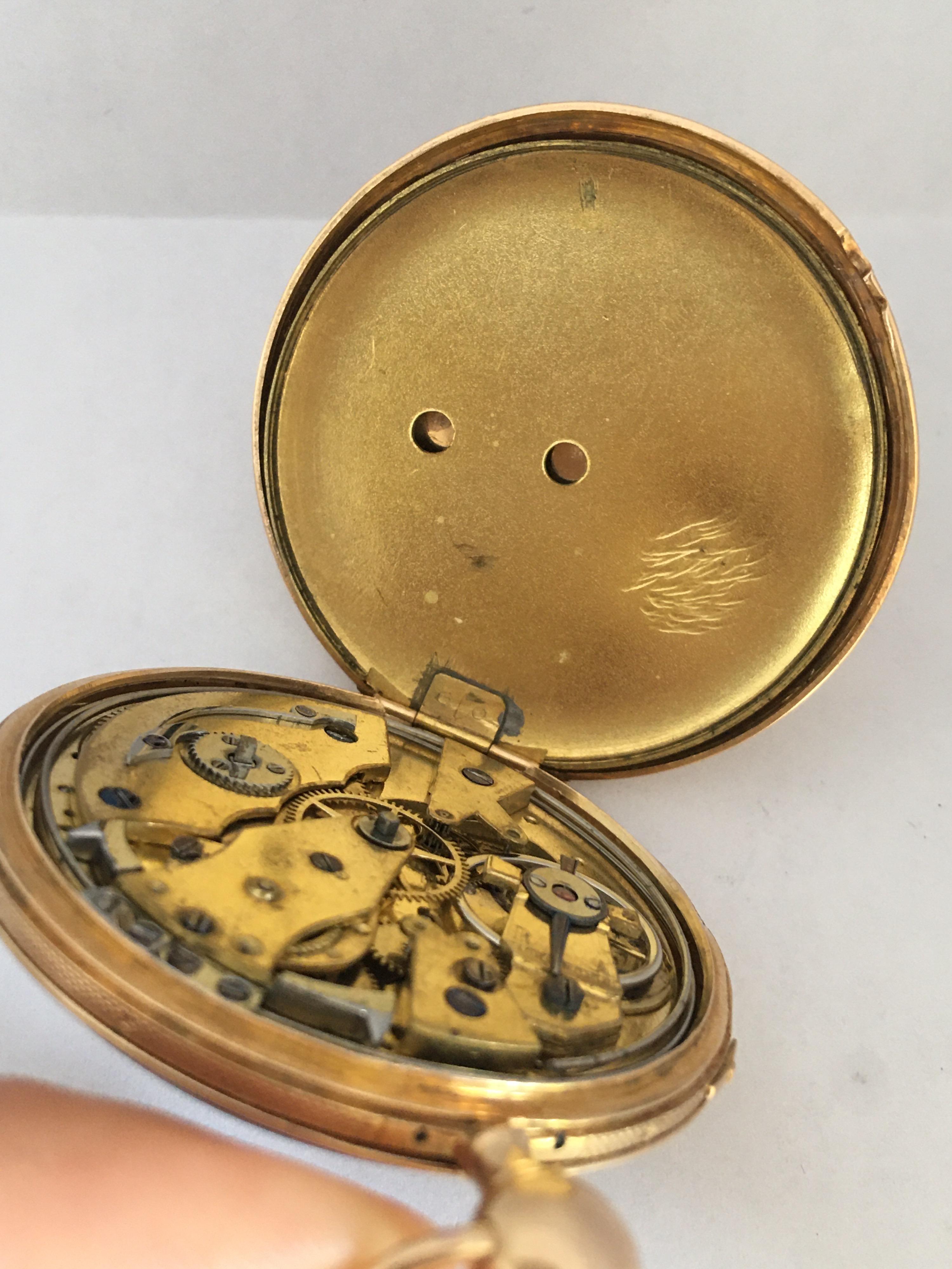 Antique Slim 18 Karat Gold Quarter Pump Repeating Pocket Watch For Sale 11