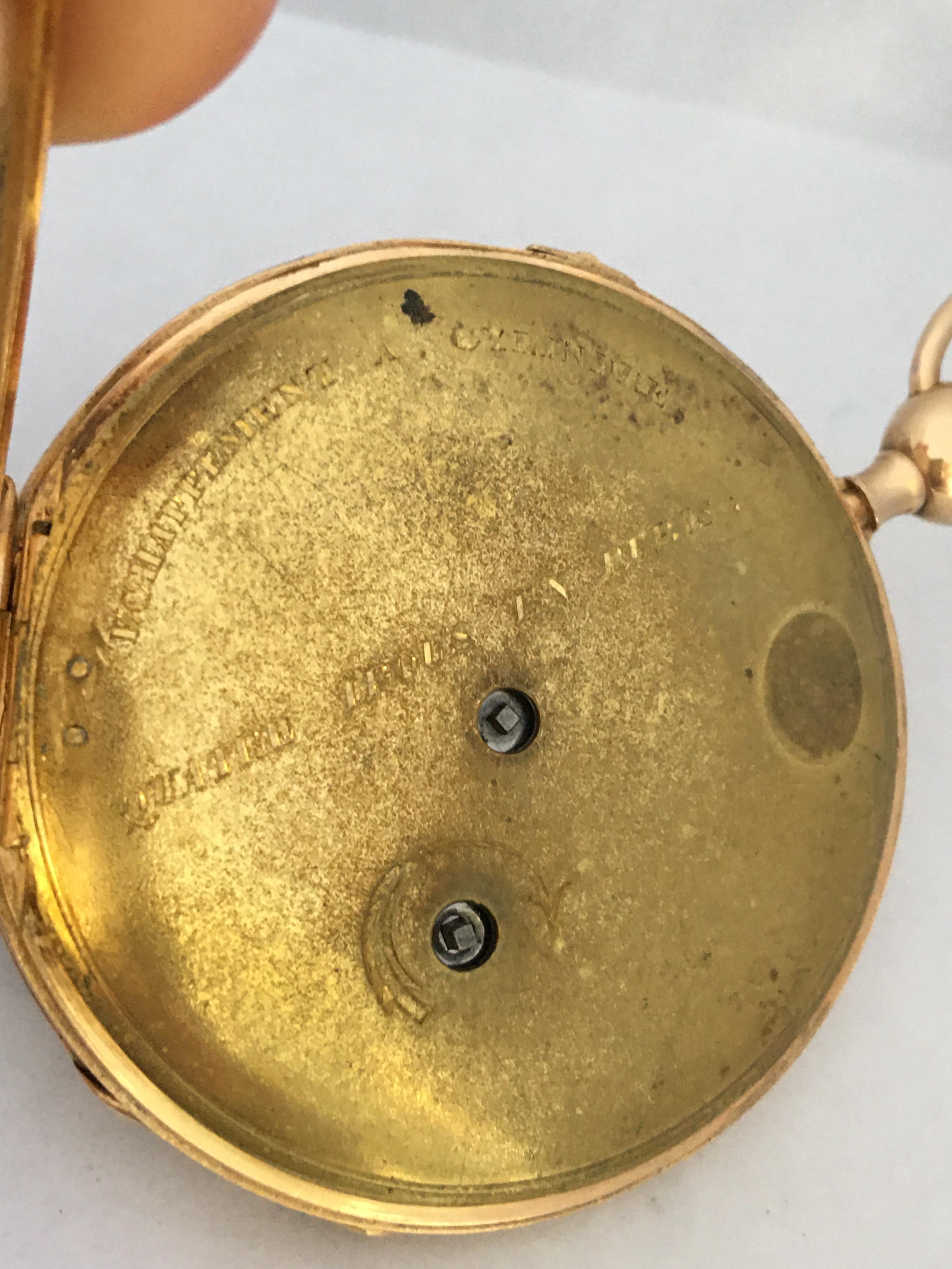 Antique Slim 18 Karat Gold Quarter Pump Repeating Pocket Watch For Sale 1