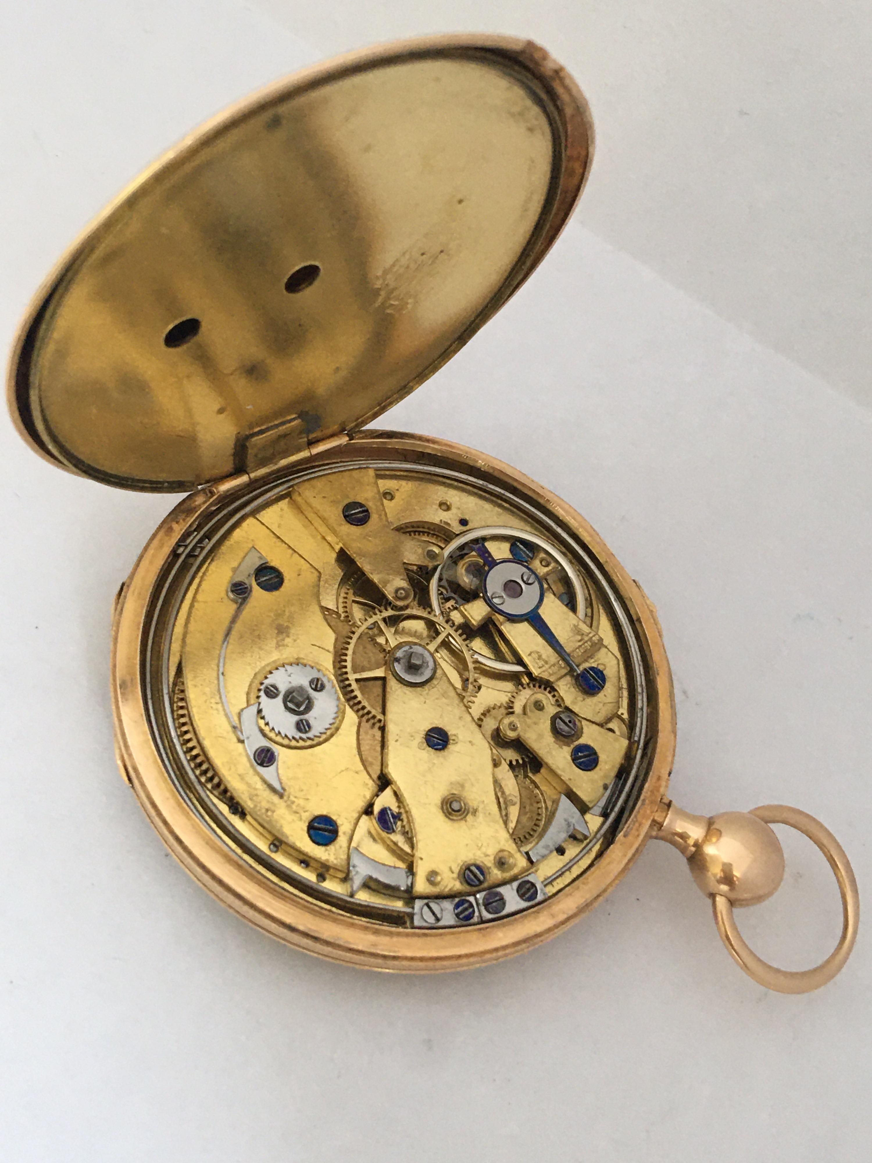 Antique Slim 18 Karat Gold Quarter Pump Repeating Pocket Watch For Sale 2