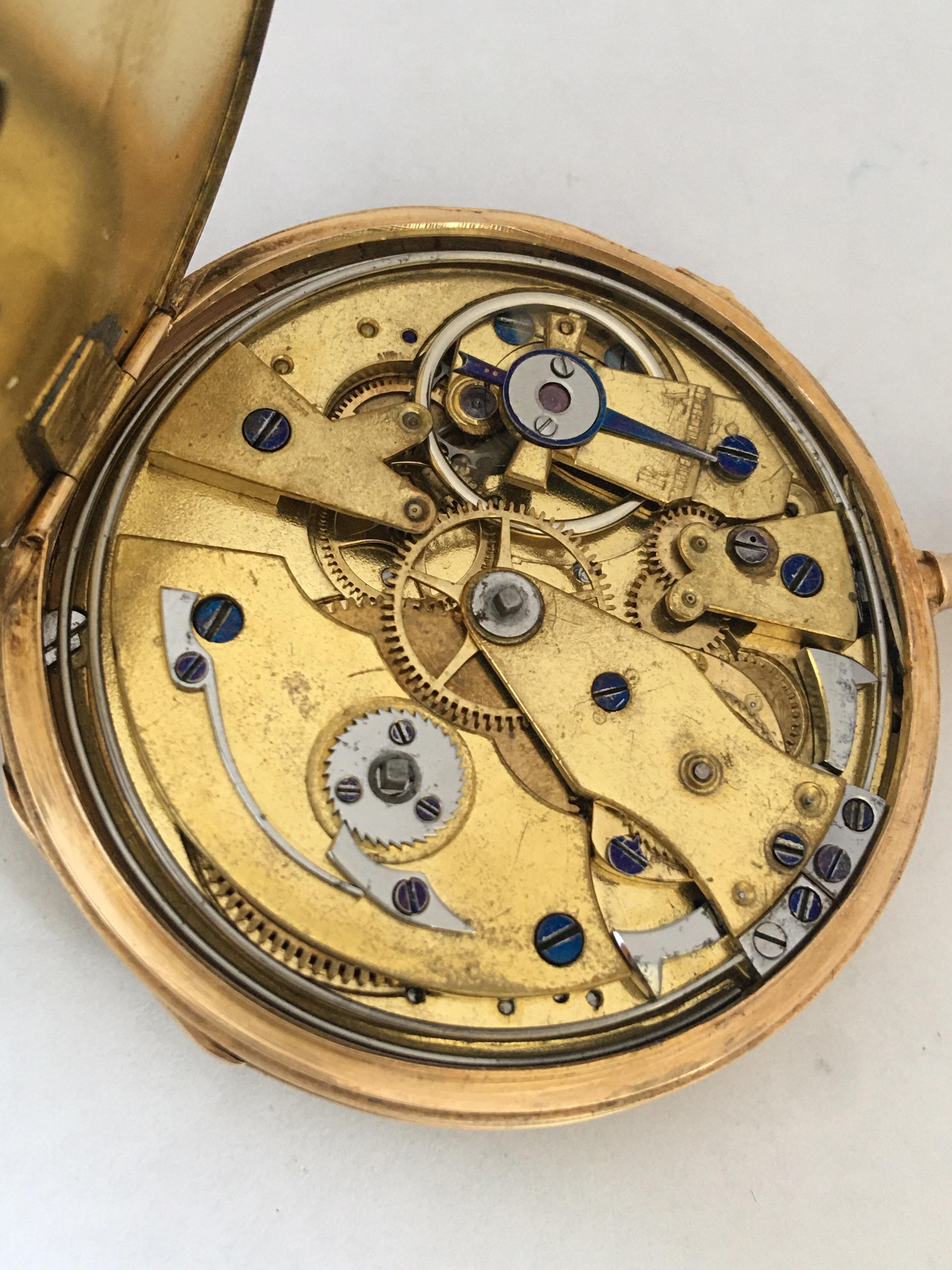 Antique Slim 18 Karat Gold Quarter Pump Repeating Pocket Watch For Sale 3