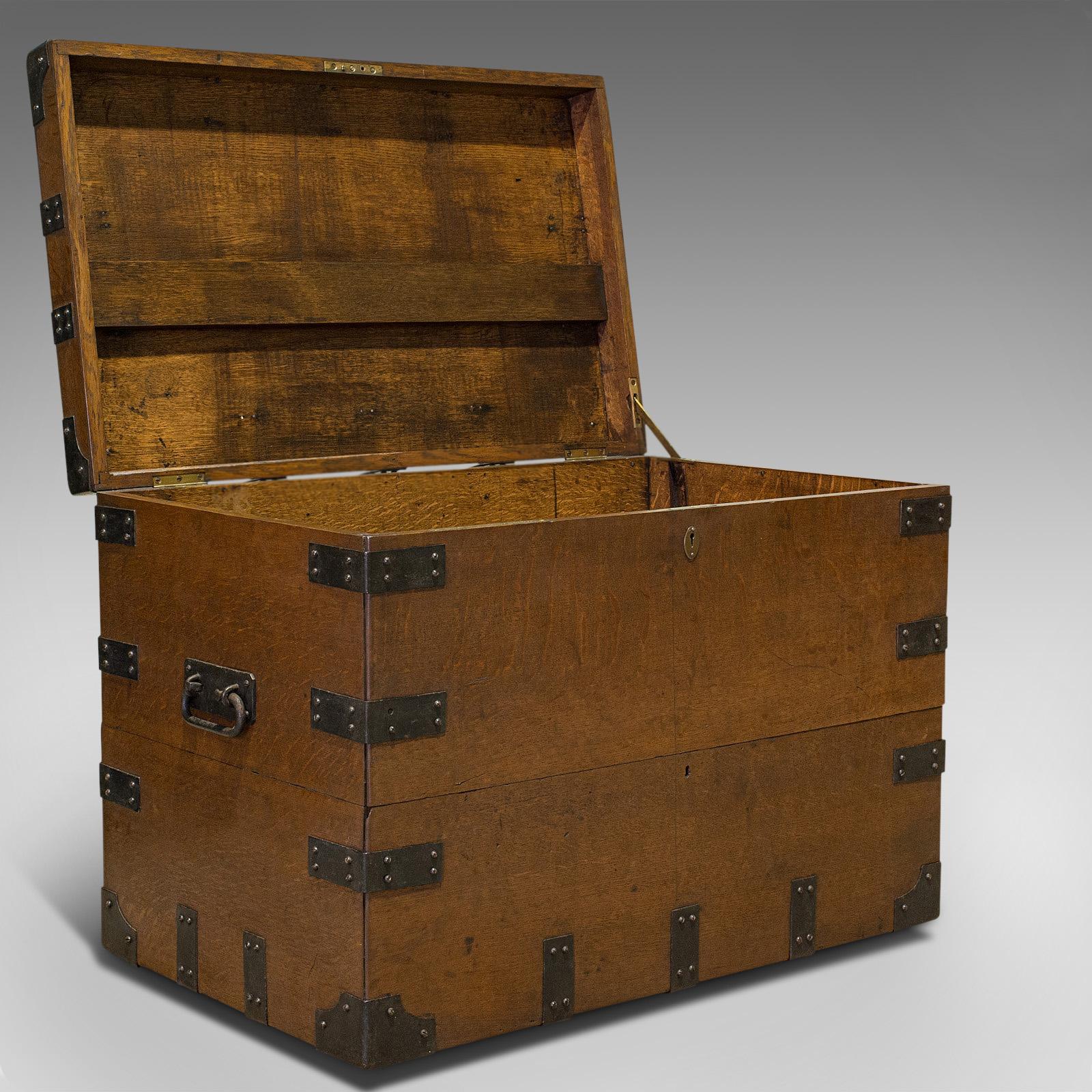 This is an antique silver chest. An English, oak and iron bound trunk, by Elkington and Co of Liverpool, dating to the late 19th century, circa 1880.

A stout, appealing chest
Displays a desirable aged patina
Select oak shows fine grain interest