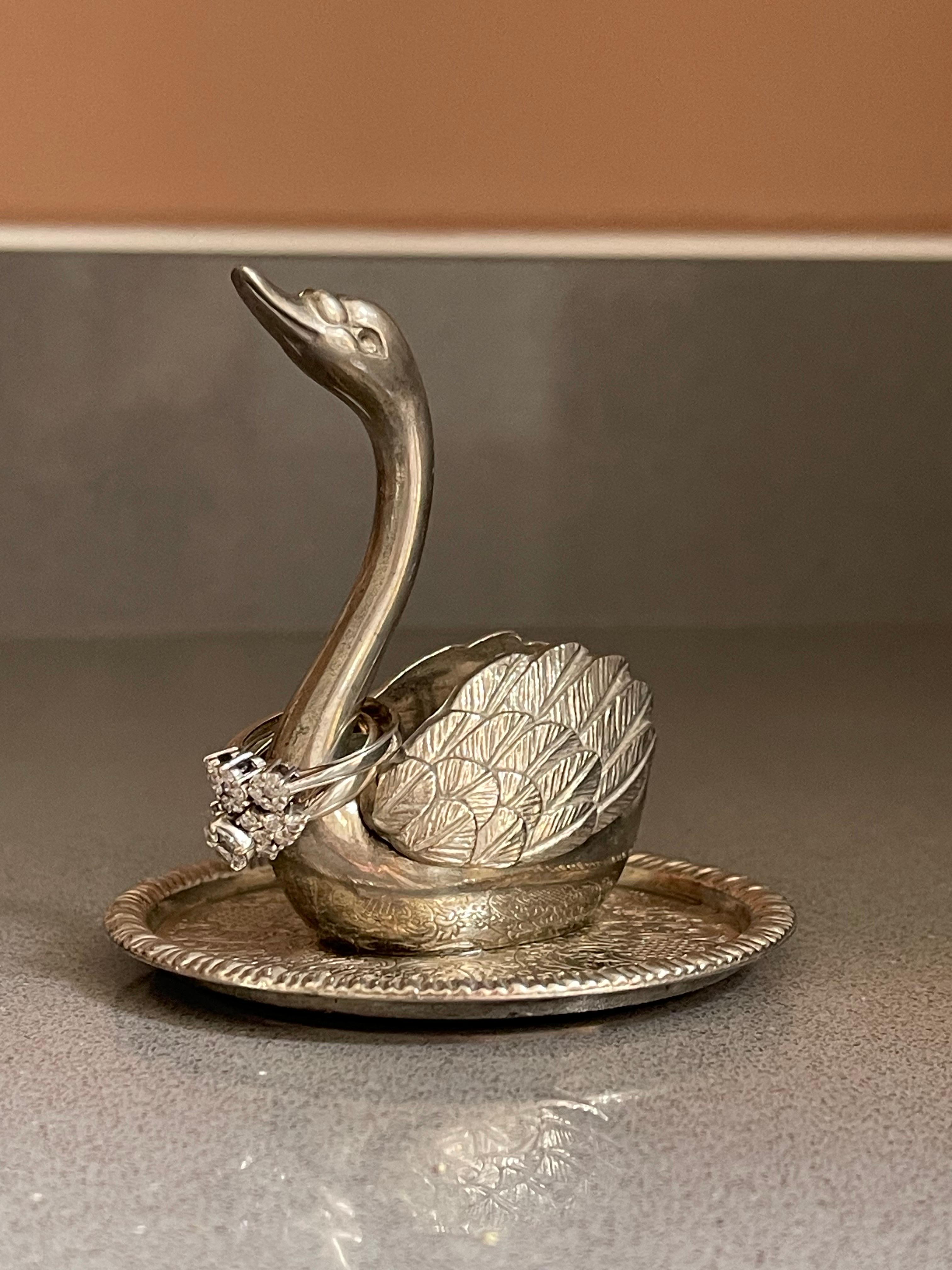 Mid-20th Century Antique Sliver Ring Holder Swann Birds Decorative Jewellery Organiser Home Décor For Sale