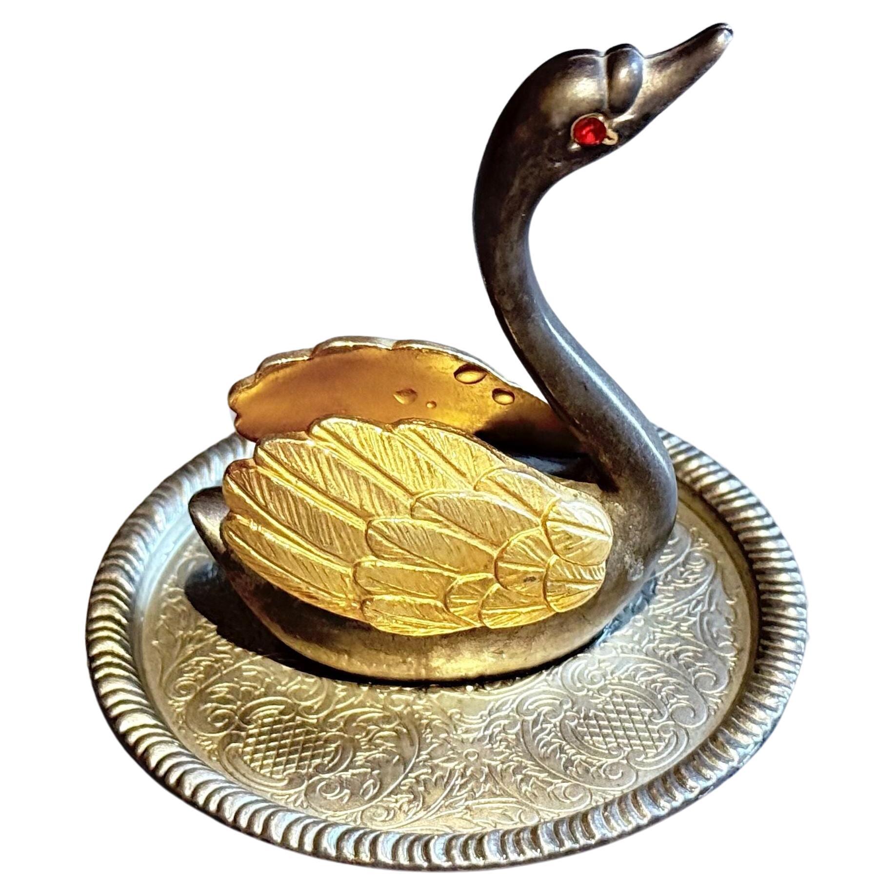 Antiguo Anillero de Plata Swann Pájaros Organizador Decorativo de Joyas Decoración para el Hogar